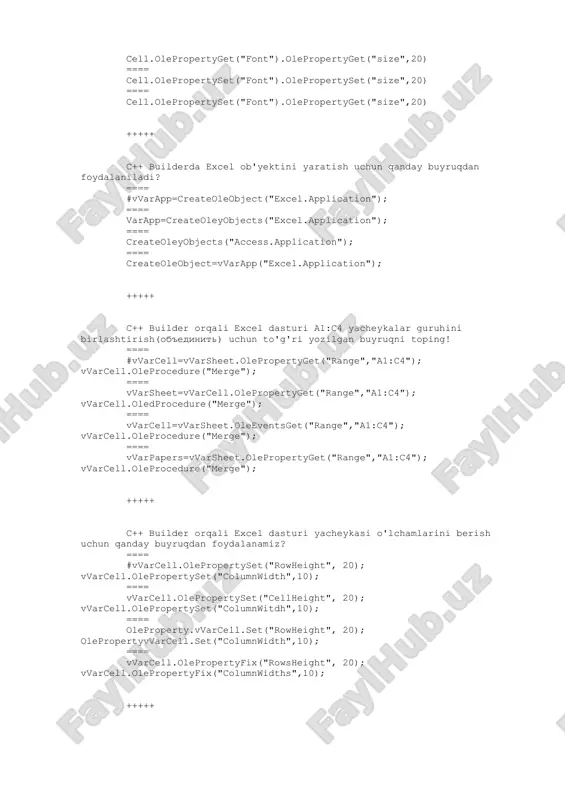 rtyget("range","a1:c4"); vvarcell.oledprocedure("merge"); ==== vvarcell=vvarsheet.oleeventsget("range","a1:c4"); vvarcell.oleprocedure("merge"); ==== vvarpapers=vvarsheet.olepropertyget("range","a1:c4"); vvarcell.oleprocedure("merge"); +++++ c++ builder orqali excel dasturi yacheykasi o'lchamlarini berish uchun qanday buyruqdan foydalanamiz? ==== #vvarcell.olepropertyset("rowheight", 20); vvarcell.olepropertyset("columnwidth",10); ==== vvarcell.olepropertyset("cellheight", 20); vvarcell.olepropertyset("columnwitdh",10); ==== oleproperty.vvarcell.set("rowheight", 20); olepropertyvvarcell.set("columnwidth",10); ==== vvarcell.olepropertyfix("rowsheight", 20); vvarcell.olepropertyfix("columnwidths",10); +++++ c++ builder orqali excel dasturi yacheykasiga shrift o'rnatish buyrug'i to'g'ri berilgan javobni toping! ==== #olepropertyget("font").olepropertyset("name","arial"); ==== oleproperty.get("font")oleproperty.set("name","arial"); ==== olepropertyget("background").olepropertyset("name","arial"); ==== oleproperty.vvarcell.get("font").olepropertyset("name","arial"); +++++ c++ builder orqali excel dasturi yacheykasi orientatsiyasini o'zgartirish uchun qanday buyruqdan foydalaniladi? ==== #vvarcell.olepropertyset("orientation",90); ==== vvarcell.olepropertyget("orientation",90); ==== vvarsheets.olepropertyset("orientation",90); ==== vvarapps.olepropertyset("orientation",90); +++++ c++ builder orqali excel dasturi yacheykasi ma'lumotini rangini o'rnatish buyrug'i to'g'ri berilgan javobni toping! ==== #vvarcell.olepropertyget("font").olepropertyset("color",clblue); ==== vvarcell.olepropertyset("font").olepropertyget("color",clblue); ==== vvarcell.olepropertyinsert("font").olepropertyset("color",clblue); ==== vvarcell.olepropertyget("font").olepropertyprint("color",clblue); +++++ c++ builder orqali excel dasturi yacheykasi ma'lumotiga qalin (polujirniy) stilni o'rnatish buyrug'ini toping! ==== #vvarcell.olepropertyget("font"). olepropertyset("bold",true); ==== vvarcell.olepro