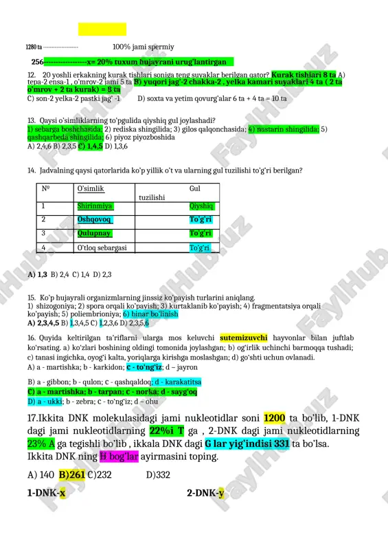 g’langan-------- 256 spermiy bilan 1280 ta --------------------- 100% jami spermiy 256 ------------------x= 20% tuxum hujayrani urug’lantirgan 12. 20 yoshli erkakning kurak tishlari soniga teng suyaklar berilgan qator? kurak tishlari 8 ta a) tepa-2 ensa-1 , o’mrov-2 jami 5 ta b) yuqori jag’-2 chakka-2 , yelka kamari suyaklari 4 ta ( 2 ta o’mrov + 2 ta kurak) = 8 ta c) son-2 yelka-2 pastki jag’ -1 d) soxta va yetim qovurg’alar 6 ta + 4 ta = 10 ta 13. qaysi o’simliklarning to’pgulida qiyshiq gul joylashadi? 1) sebarga boshchasida; 2) rediska shingilida; 3) gilos qalqonchasida; 4) nastarin shingilida; 5) qashqarbeda shingilida; 6) piyoz piyozboshida a) 2,4,6 b) 2,3,5 c) 1,4,5 d) 1,3,6 14. jadvalning qaysi qatorlarida ko’p yillik o’t va ularning gul tuzilishi to’g’ri berilgan? № o’simlik gul tuzilishi 1 shirinmiya qiyshiq 2 oshqovoq to’g’ri 3 qulupnay to’g’ri 4 o’tloq sebargasi to’g’ri a) 1,3 b) 2,4 c) 1,4 d) 2,3 …