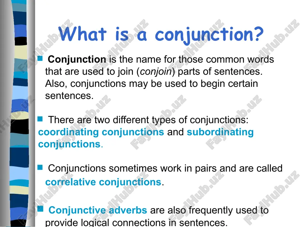 not only one button fell off, but all of them. whether, or ex. whether or not you wear nice clothes, you have to wear clothes. not, so much as ex. it was not that his clothes were flamboyant so much as they were florid. 12 conjunctive adverbs conjunctive adverbs provide connections and transitions that clarify or limit the meaning of words. when to use common conjunctive adverbs: reason conjunctive adverb to communicate addition also, furthermore, besides to communicate contrast however, still, nevertheless, instead, otherwise to communicate comparison similarly, likewise to introduce a result/summary therefore, thus, consequently, accordingly, hence, then to indicate time next, then, meanwhile, finally to communicate emphasis indeed, certainly 13 conjunctive adverbs cont…. examples of conjunctive adverbs in sentences: ex. furthermore, stiletto heels are not a fad; they are classic! (furthermore communicates an additional statement and is followed by a comma.) ex. his crimson cape caught on the …