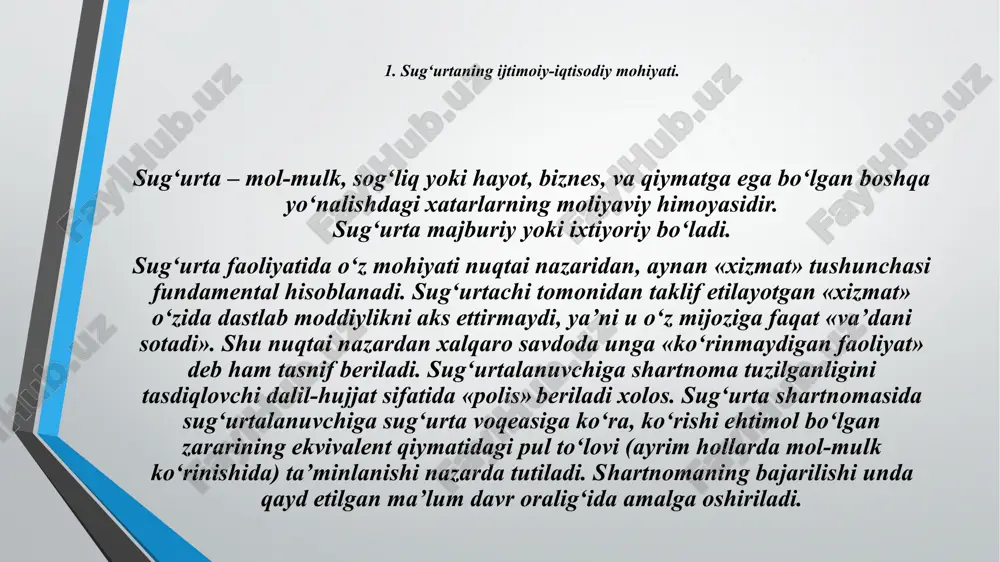 va u haqda xulosa beruvchi ekspert. hayotni sug‘urta qilish (jismoniy shaxslarning hayoti, sog‘lig‘i, mehnat qobiliyati va pul ta’minoti bilan bog‘liq manfaatlarini sug‘urta qilish, bunda shartnoma bo‘yicha sug‘urtaning eng kam muddati bir yilni tashkil etadi hamda sug‘urta pullarining sug‘urta shartnomasida ko‘rsatib o‘tilgan oshirilgan foizni o‘z ichiga oluvchi bir martalik yoki davriy to‘lovlarini (annuitetlarni) qamrab oladi); umumiy sug‘urta (shaxsiy, mulkiy sug‘urta, javobgarlikni sug‘urta qilish hamda hayotni sug‘urta qilish sohasiga taalluqli bo‘lmagan boshqa sug‘urta turlari). sug‘urta tavakkalchiliklari yoki ular guruhlarining va ular bilan bog‘liq majburiyatlarning umumiy xususiyatlariga muvofiq sug‘urta sohalari sug‘urta turlariga (klasslariga) bo‘linadi. sug‘urta turlari (klasslari) o‘zbekiston respublikasi vazirlar mahkamasi tomonidan belgilanadi. o‘zbekiston respublikasi vazirlar mahkamasining 2002-yil 27 noyabrdagi 413-sonli «sug‘urta xizmatlari bozorini yanada rivojlantirish chora-tadbirlari to‘g‘risida»gi qarorining 1- ilovasida sug‘urta faoliyatining klassifikatori berilgan bo‘lib, unga muvofiq hayotni sug‘urta qilish sohasi 4 ta klassga va umumiy sug‘urta sohasi 17 ta klassga ajratilgan. image2.png image3.jpeg image4.png image5.jpg image6.jpeg image7.jpeg image8.jpg /docprops/thumbnail.jpeg