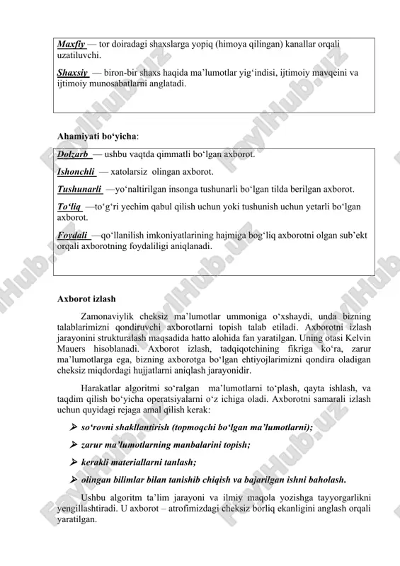 qilish shakliga ega. axborotda eng asosiysi – bu uning ma’nosi, mazmuni. axborotning mazmuni qanday maqsadlar uchun va qanday yo‘l bilan axborot qo‘llanilishini aniqlab beradi. axborot olgan kishi mazmuniga qarab yangiligi, mazmundorligi, qisqaligi, tushunarliligi, o‘zgaruvchanligi kabi axborot xususiyatlariga baho beradi. axborotning har bir xususiyatini baholash mumkin. agar axborotning o‘zgaruvchanlik xususiyati haqida gapiradigan bo‘lsak, axborot turg‘un (doimiy, o‘zgarmas) va dinamik (o‘zgaruvchan) bo‘lishi mumkin. axborot bir necha xususiyatlarga ega. agar axborot ishning haqqoniy holatini aks etsa, u ishonchli hisoblanadi. ishonchsiz axborot esa noto‘g‘ri xulosa chiqarishga olib keladi. masalan, internet tarmog‘ida biron-bir mahsulotga xos bo‘lgan xususiyatlar haqida noto‘g‘ri xabar berilsa, unga ishonib xaridor ushbu mahsulotni xarid qilib behuda pul sarflashi mumkin. agar axborot kimningdir fikri yoki mulohazasiga bog‘liq bo‘lmasa, bu axborot obyektiv hisoblanadi. obyektiv axborotni, masalan, to‘g‘ri ishlaydigan o‘lchov asboblaridan olish mumkin. «avtomobil katta tezlikda harakatlanayotgan edi» kabi xabar sub’ektiv axborot ega. «avtomobil 100 km/s tezlik bilan harakatlanayotgan edi» kabi xabar to‘g‘ri ishlaydigan spidometrda …