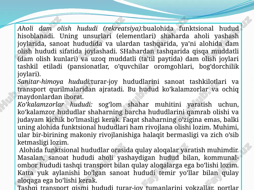 osiy tarkibiy birligi hisoblanadi. turar-joy tumani hududi quyidagi asosiy funktsional qismlardan iboratdir: turar-joy kichik tumanlari; turar-joy tumani jamoat-savdo markazi; turar-joy tumanining bog’i va sport kompleksi; ko’chalar, maydonlar, bul’varlar yangi shahar turar-joy hududining o’ziga xos turlari. 180 ming aholiga mo’ljallangan, uzoqlashtirilgan sanoat hududi bo’lgan yangi shahar; suv ombori bo’yidagi markaziy dam olish hududiga chiquvchi yashash hududi; mahalliy sanoatga ulangan tuman; shahar markaziga ulangan tuman. 50 ming kishiga mo’ljallangan, tuman markazi loyihalanmagan. 60-80 ming kishilik shahar yashash hududining 25-35 ming kishilik turar-joy tumanlariga ajratilishi. ular o’zaro umumshahar markazi, transport magistrallari va ko’chalar, piyoda yo’llari, hamda ko’kalamzor hududlar orqali bog’langan. 2.3. sanoat hududi asosiy mehnat qilish joylaridan biri bo’lgan sanoat korxonalari o’zining joylashuviga va temir yo’llar kirib kelishiga anchagina hudud talab qilib, shaharning tarxiy tarkibiga kuchli ta’sir ko’rsatadi. sanoat ishlab chiqarishi o’zining sanitar xarakteristikasiga ko’ra 5 ta sinfga bo’linadi: 1-sinf - himoya kengligi 1000 m; 2-sinf - himoya kengligi 500 m; 3-sinf - …