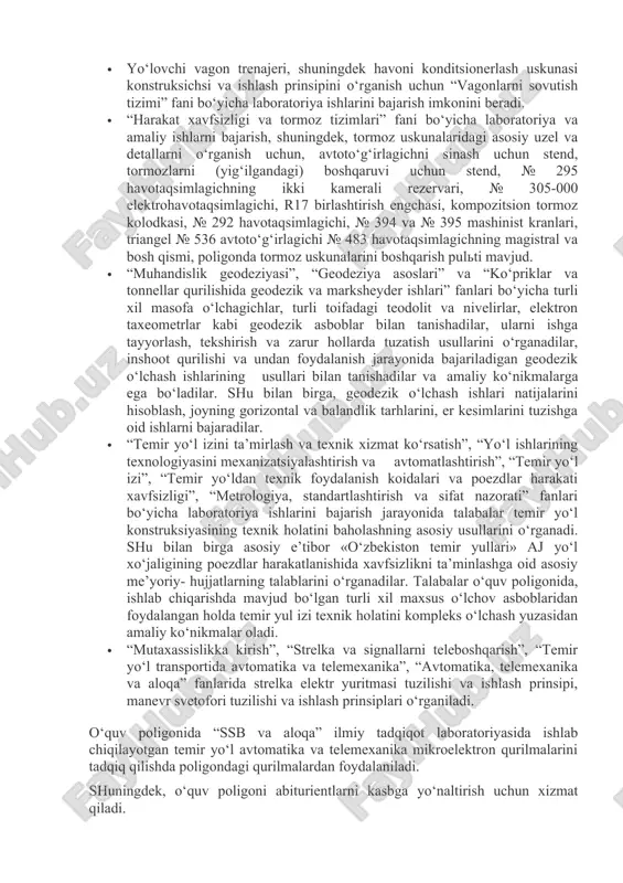a laboratoriya ishlarini bajarish imkonini beradi. · “harakat xavfsizligi va tormoz tizimlari” fani bo‘yicha laboratoriya va amaliy ishlarni bajarish, shuningdek, tormoz uskunalaridagi asosiy uzel va detallarni o‘rganish uchun, avtoto‘g‘irlagichni sinash uchun stend, tormozlarni (yig‘ilgandagi) boshqaruvi uchun stend, № 295 havotaqsimlagichning ikki kamerali rezervari, № 305-000 elektrohavotaqsimlagichi, r17 birlashtirish engchasi, kompozitsion tormoz kolodkasi, № 292 havotaqsimlagichi, № 394 va № 395 mashinist kranlari, triangel № 536 avtoto‘g‘irlagichi № 483 havotaqsimlagichning magistral va bosh qismi, poligonda tormoz uskunalarini boshqarish pulti mavjud. · “muhandislik geodeziyasi”, “geodeziya asoslari” va “ko‘priklar va tonnellar qurilishida geodezik va marksheyder ishlari” fanlari bo‘yicha turli xil masofa o‘lchagichlar, turli toifadagi teodolit va nivelirlar, elektron taxeometrlar kabi geodezik asboblar bilan tanishadilar, ularni ishga tayyorlash, tekshirish va zarur hollarda tuzatish usullarini o‘rganadilar, inshoot qurilishi va undan foydalanish jarayonida bajariladigan geodezik o‘lchash ishlarining usullari bilan tanishadilar va amaliy ko‘nikmalarga ega bo‘ladilar. shu bilan birga, geodezik o‘lchash ishlari natijalarini hisoblash, joyning gorizontal va …