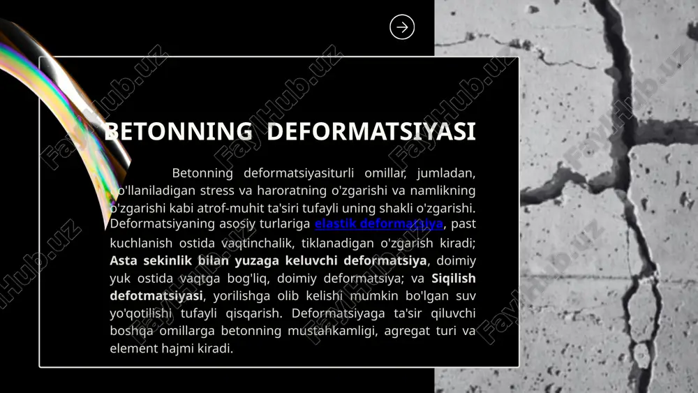 n foydalaniladi (fundamentlar, uskuna tayanch elementlari, ko‘p qavatli binolarning pastki qavat ustunlari va boshqalar). bunday hollarda yuklamaning uzoq muddatli ta’siri ostida konstruksiyaning haqiqiy ishlashi tajriba sharoitidan farq qiladi. sekinlik bilan deformatsiyalanish masalasini o‘rganishda quyidagi asosiy uzoq muddatli ta’sir turlari farqlanadi: bir o‘qli siqilish, cho‘zilish, egilish, ikki o‘qli va uch o‘qli siqilish. betonning uzoq muddatli kuchlanishlardagi xatti-harakatini tushunish bo‘yicha turli vaqtlarda turli mualliflar tadqiqotlar olib borgan. thomas va glenvill tajribalariga ko‘ra, betonning sekinlik bilan deformatsiyalanish deformatsiyalari siqilish va cho‘zilish rejimida bir xil bo‘lgan. bu natija a.v. sheykin va v.a. nikolaev ishlarida ham tasdiqlangan. keyinchalik turli mamlakat olimlari siqilish va cho‘zilishdagi sekinlik bilan deformatsiyalanishni solishtirishda bir-biriga zid natijalar olgan. buning asosiy sababi tadqiqotlarning murakkabligi bo‘lib, ko‘pincha ular tsement namunalarida bajarilgan. “egilish” rejimi bo‘yicha tadqiqotlarni esa ikki guruhga ajratish mumkin: armaturalangan va armaturalangan bo‘lmagan. armaturalangan sinovlarning afzalligi shundaki, ular real qurilish konstruksiyalariga yaqinroqdir. biroq armaturaning turi va geometriyasi turlicha bo‘lishi, hamda uzoq muddat …
