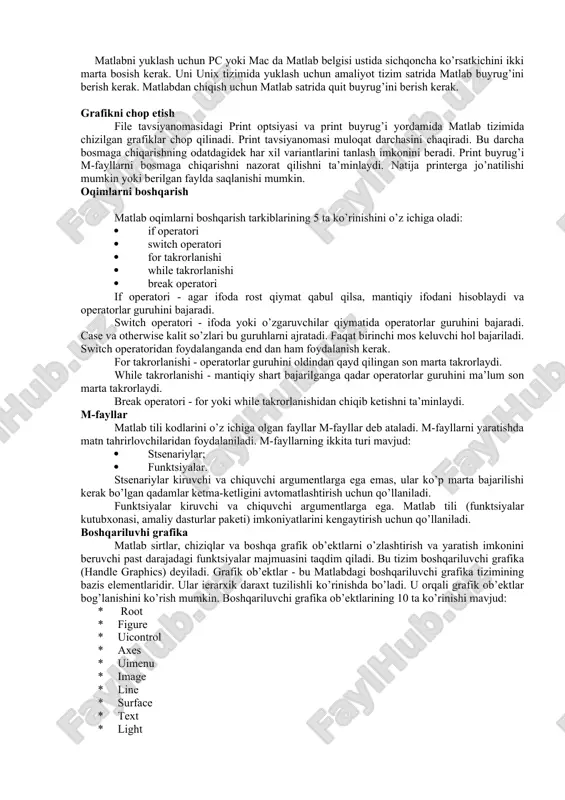 dalaniladigan dasturlar yozish mumkin. matlab tizimining yordam lahjasidan foydalanish mumkin va adobe acrobat yordamida pdf formatda chop qilish mumkin. adobe acrobat tahrirlovchisi matnni har xil shriftlarda, grafika va tasvirlar bilan kitobni o’qish imkonini beradi. agarda kompyuter internet tarmog’iga ulangan bo’lsa, matlab tizimi varag’iga chiqish mumkin. amaliy dasturlar paketi matlab tizimida amaliy dasturlar paketi mavjud: · notebook · symbolic mathematics toolbox · control systems toolbox · signal processing toolbox matlab tizimining dastur ta’minoti tarkibiga “tirik” kitob (ms word tahrirlovchisi muhitidan) yaratish uchun yangi vosita qo’shilgan. amaliy dasturlar paketi notebook shunday vositadir. amaliy dasturlar paketi notebook muhitida yaratilgan hujjat m-kitob deb ataladi. m-kitobda matnlar, matlab tizimi buyruqlari va ularning bajarilish natijalari joylashgan. m-kitobni yaratish yoki tahrirlashda word tahrirlovchisi m-book maxsus shablonidan foydalanadi. bu shablon word tahrirlovchisi hujjatidan matlab tizimiga kirish va uni formatlashni boshqarish imkonini beradi. amaliy dasturlar paketi notebook bilan ishlash uchun word tahrirlovchisini yuklash kerak va yangi m-kitob ochish yoki …