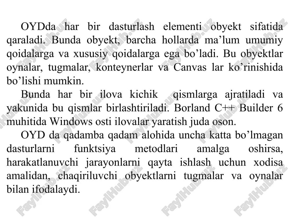 arriri obyektlar inspektori oynasi obyektlar inspektori oynasi ostida obyektlarni daraxtsimon ko’rinishi oynasi joylashgan. bu oynada ilovadagi barcha obyektlar daraxt strukturasi shaklida ifodalangan bo’ladi. formalar, dastur kodi va boshqa dastur tarkiblari fayllari berilgan bo’ladi. obyektlarni daraxtsimon ko’rish oynasi borland c++ builder 6 muhiti asosiy menyu buyruqlari file buyrug’i guruhi bu menyu buyruqlari fayllar bilan ishlashga mo’ljallangan va qo’yidagi amallarni bajaradi: (new) yangi fayl hosil qilish, forma (oyna) ochish, mavjud fayllarni (open) ochish, fayllarni saqlash (save) va (close) yopish, ilova dastur kodi matnini (print) chop qilish mumkin. menyuning bu buyruqlari guruhi tahrir qilish uchun zarur bo’lgan buyruqlardir. masalan inkor qilish (undelete) va (redo) takrorlash, qirqib olish(cut), nusxa olish (copy), nusxa olinganni qo’yish (paste) va o’chirish (delete) kabi amallarni o’z ichiga olgan. edit buyruqlari guruhi view(ko’rish) buyruqlar guruhi menyuning bu buyruqlari guruhidan ilova va komponentalarni boshqarishni asosiy muloqot oynalari chaqiriladi. masalan, ilova menedjeri (project manager), komponentlar ro’yxati (component list) va oynalar ro’yxati (window …