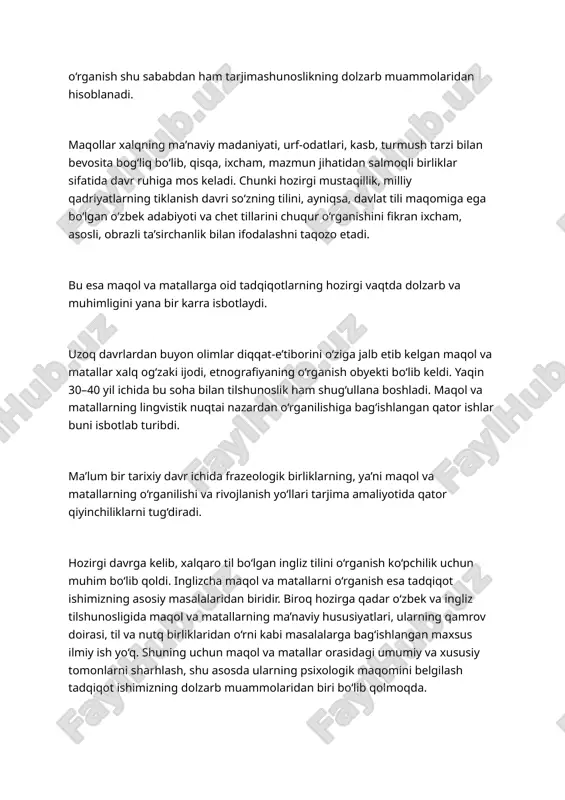 o‘pchilik uchun muhim bo‘lib qoldi. inglizcha maqol va matallarni o‘rganish esa tadqiqot ishimizning asosiy masalalaridan biridir. biroq hozirga qadar o‘zbek va ingliz tilshunosligida maqol va matallarning ma’naviy hususiyatlari, ularning qamrov doirasi, til va nutq birliklaridan o‘rni kabi masalalarga bag‘ishlangan maxsus ilmiy ish yo‘q. shuning uchun maqol va matallar orasidagi umumiy va xususiy tomonlarni sharhlash, shu asosda ularning psixologik maqomini belgilash tadqiqot ishimizning dolzarb muammolaridan biri bo‘lib qolmoqda. o‘zbek tilshunosligida xalq maqollari leksik, sintaktik yo‘sinda qisman o‘rganilib kelgan bo‘lishiga qaramay, ularning til, nutq birliklaridan o‘rni, ma’naviy-uslubiy hususiyatlarini aniqlash masalalari muammoligicha qolmoqda. shunga ko‘ra ushbu tadqiqotda ingliz va o‘zbek tillaridagi maqol va matallarni qiyoslab o‘rganish va ularni tarkibidagi hususiyatlarini imkon qadar ochib berish asosiy maqsad qilib olinibdi. bu maqsadni amalga oshirish uchun quyidagi vazifalarni bajarish taqozo etiladi.