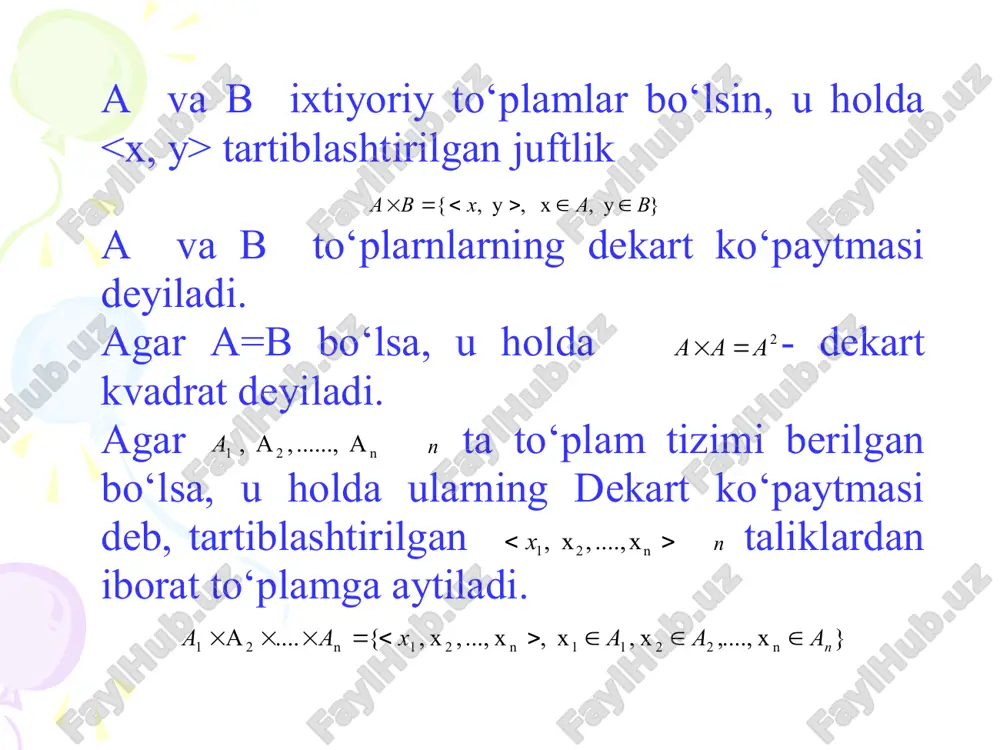 (x : ) x , {( 1    y r to ‘ plamga r munosabatga t e sk ari munosabat d e yiladi. ta ’ rif 10 . a to ‘ plamning r munosabatga nisbatan tasviri d e b, } a x bir biror r, y) , (x : { ) (    y a r to ‘ plamga aytiladi. ta ’ rif 11 . a to ‘ plamning r munosabatga nisbatan asli d e b, ) ( 1 a r  to ‘ plamga yoki a to ‘ plamning r munosabatga nisb atan tasviriga aytiladi. misol 3. a={2, 3, 4, 5, 6, 7, 8} to ‘ plamda } 3 x va boladi ni y element x a, y , x : ) y , {(    x r u holda r={(2,2), (2, 4), (2,6), (2, 8), (3, 3), (3, 6)} d l = …