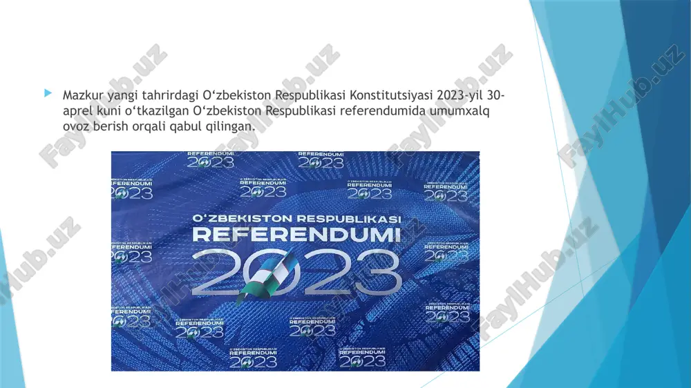 lari yaratish bo’yicha ilmiy-metodik chora-tadbirlarni muvofiqlashtirish yangilangan konstitutsiyada inson va fuqaro huquq va erkinliklari hamda burchlarining konstitutsiyaviy asoslari “biz jamiyatimizda shunday huquqiy madaniyatni shakllantirishimiz kerakki, unda konstitutsiya va qonunlarga rioya qilish, inson huquqlari va erkinliklari, sha’ni va qadr-qimmati majburiyat emas, balki kundalik hayotningajralmas qismi bo’lib qoladi”. sh.m.mirziyoyev yangi oʻzbekiston taraqqiyot strategiyasi 28.01.22 pf-60 53-maqsad: aholi uchun majburiy ijtimoiy kafolatlarni ta’minlash, ehtiyojmand qatlamlarning ijtimoiy himoyasini kuchaytirish. yangi oʻzbekiston taraqqiyot strategiyasi 5-maqsad maʼnaviy taraqqiyotni taʼminlash va sohani yangi bosqichga olib chiqish 6-maqsad milliy manfaatlardan kelib chiqqan holda umumbashariy muammolarga yondashish yangi tahrirdagi konstitusiyaning qabul qilinishi va unga bo'lgan hayotiy zarurat. “adolat” “milliy tiklanish” o’zlidep asosiy yangi o’zgarishlar 32-moddasida belgilangan mamlakat bo‘ylab erkin harakatlanish, turar va yashash joyini tanlash huquqi vazirlar mahkamasi ikki oyda d.yashash joy ro’yhati qonunini bekor deb topib, loyihasini oliy majlis qonunchilik palatasiga iiv bir oyda royhatga olish yangi mexanizmlarni pf loyihasini taqdim qilish o‘zbekiston respublikasi konstitutsiyasidan kelib chiqadigan vazifalarni …