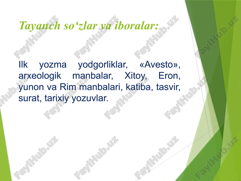 , baqtriyaliklar, soʻgʻdlar, xorazmliklar bor. behistun yozuvlari yana bir muhim yodgorlik mashhur bexustun bitiklaridir. uzunligi 22 m, umumiy balandligi 7,8 m boʻlgan bu yozuvlar eron shimolida, kirmonshohdan 30 km uzoqlikda topilgan va doro i buyrugʻi bilan yozilgan gʻalaba yodgorligini ifodalaydi.yozuv elam, bobil va qadimgi eron tillarida yozilgan. ular 522-yil 29-sentabrda oʻlgan margʻiyonalik frada, miloddan avvalgi 522-yil 10-dekabrda hozirgi qozogʻiston va oʻzbekiston hududida yashagan sak qabilalarining boshligʻining skunxa qoʻlga olingani haqida maʼlumot beradi. khwaday namak sosoniylar davriga oid eron epik ertaklari va saroy xronikalarining birlashtirgan oʻrta fors manbasi. “xvaday-namak”ning asosiy xususiyati ma’lumotlarning o‘zini afsonaviy ma’lumotlar bilan uyg‘unlashtirish edi. kitob birinchi marta arab tiliga sosoniylar saroyi hujjatlariga ega boʻlgan ibn al-muqaffa (vaf. 757) tomonidan tarjima qilingan. 8—9-asrlarda “xvaday-namak” asari kamida yetti marta arab tiliga tarjima qilingan. arab tilidagi tarjimalar “siyar al-muluk al-furs” (“fors shohlari hayoti”) deb nomlangan. kitobning o'zi va uning tarjimalari saqlanib qolmagan, ammo ular arab va fors tarixchilariga eronning islomgacha …