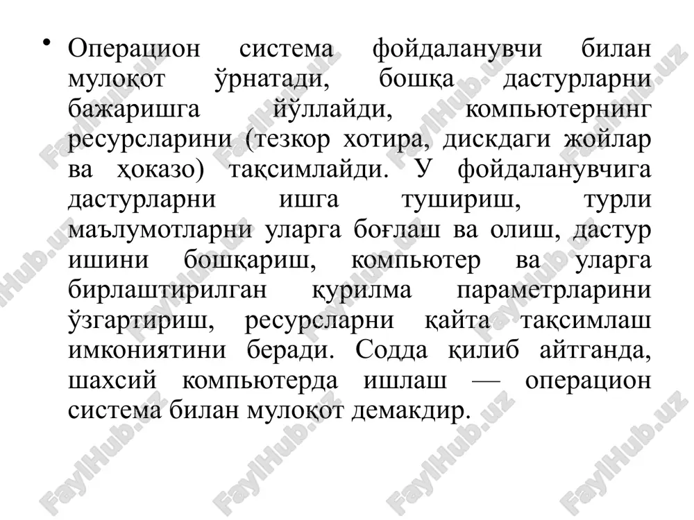 niq mexanika detallarini tayyorlash bo'yicha zarur talablarni qondiradigan texnologiyalar mavjud bo'lmagan. yana eng asosiy narsa, u vaqtda kompyuter operatsion tizimga ega bo'lmagan. bu davr oxirida birinchi tizimli dasturiy ta'minot yuzaga keldi; 1951-1952 yillar simvolli tillar (fortran va boshq) dan birinchi kompilyator versiyalari yuzaga keldi, 1954 y esa ibm-701 uchun assembler ishlab chiqildi. ikkinchi davr (1955-1965 yillar) birinchi davr, hisoblash tizimlarining yuqori narhi, ularning soni kamligi va foydalanishning past samarali bilan belgilandi. 50-yil o'rtalariga kelib, hammaga ma'lumki yangi texnik baza-yarim o'tkazgich elementlarni yuzaga kelishi bilan, hisoblash texnikasi rivojlanishida yangi davr boshlandi. aynan shu davrda hisoblash texnikasi bilan ishlaydigan mutaxasislar-dasturchilar, operatorlar, ekspluatatsiyachilar va hisoblash mashinasini ishlab chiqaruvchilarga ajraldilar. birinchi paketli ishlov berish tizimlari yuzaga keldi, bu tizimlarda dasturlarni ishga tushirish ketma-ketligini avtomatlashtirildi va shu bilan birga protsessor yuklanish koeffitsienti oshdi. paketli ishlov berish tizimlarini zamonaviy ot larining birinchi variantlari deyish mumkin, chunki ular hisoblash tizimini boshqarishga mo'ljallangan birinchi tizimli dasturlar edi. paketli …