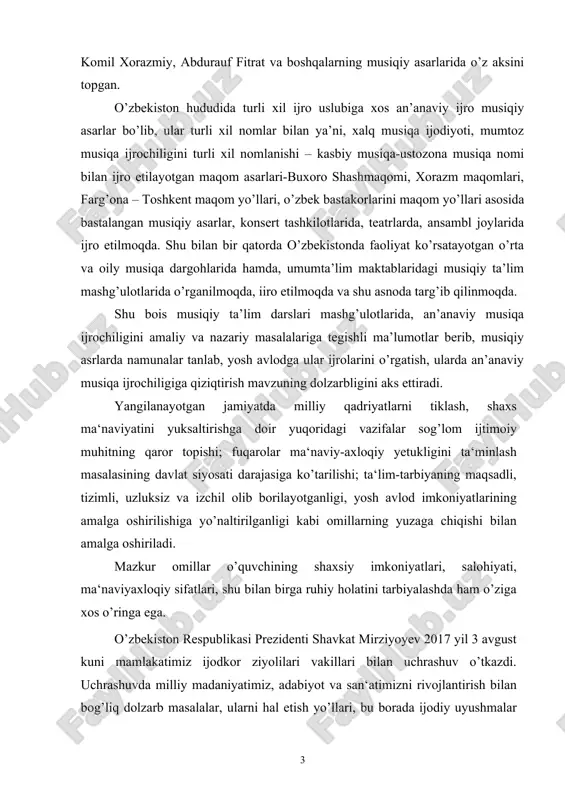 miyatda milliy qadriyatlarni tiklash, shaxs ma‘naviyatini yuksaltirishga doir yuqoridagi vazifalar sog’lom ijtimoiy muhitning qaror topishi; fuqarolar ma‘naviy-axloqiy yetukligini ta‘minlash masalasining davlat siyosati darajasiga ko’tarilishi; ta‘lim-tarbiyaning maqsadli, tizimli, uzluksiz va izchil olib borilayotganligi, yosh avlod imkoniyatlarining amalga oshirilishiga yo’naltirilganligi kabi omillarning yuzaga chiqishi bilan amalga oshiriladi. mazkur omillar o’quvchining shaxsiy imkoniyatlari, salohiyati, ma‘naviyaxloqiy sifatlari, shu bilan birga ruhiy holatini tarbiyalashda ham o’ziga xos o’ringa ega. o’zbekiston respublikasi prezidenti shavkat mirziyoyev 2017 yil 3 avgust kuni mamlakatimiz ijodkor ziyolilari vakillari bilan uchrashuv o’tkazdi. uchrashuvda milliy madaniyatimiz, adabiyot va san‘atimizni rivojlantirish bilan bog’liq dolzarb masalalar, ularni hal etish yo’llari, bu borada ijodiy uyushmalar va davlat tashkilotlari oldida turgan muhim vazifalar haqida atroflicha fikr almashildi. samimiy va ochiq muloqot ruhida o’tgan yig’ilishda o’zbekiston respublikasi oliy majlisi palatalari rahbarlari, bosh vazir, prezidentning davlat maslahatchilari, vazirlar mahkamasi komplekslari, vazirlik va idoralar, yirik kompaniya va xo’jalik birlashmalari, banklar, ijodiy uyushmalar, yetakchi ommaviy axborot vositalari, madaniyat muassasalari, teatr …