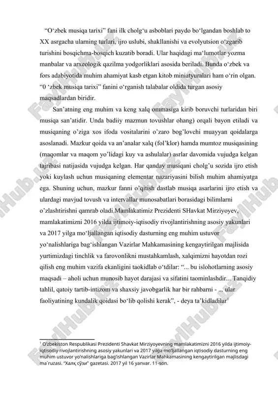 a sifatini taominlashdir... tanqidiy tahlil, qatoiy tartib-intizom va shaxsiy javobgarlik har bir rahbarni - ... ular faoliyatining kundalik qoidasi bo‘lib qolishi kerak”, - deya ta’kidladilar[footnoteref:1] [1: o’zbekiston respublikasi prezidenti shavkat mirziyoyevning mamlakatimizni 2016 yilda ijtimoiy-iqtisodiy rivojlantirishning asosiy yakunlari va 2017 yilga mo’ljallangan iqtisodiy dasturning eng muhim ustuvor yo’nalishlariga bag’ishlangan vazirlar mahkamasining kengaytirilgan majlisdagi ma`ruzasi. “xalq so'zi” gazetasi. 2017 yil 16 yanvar. 11-son. ] o‘zbekiston respublikasi prezidentining farmoni 2022 — 2026-yillarga mo‘ljallangan yangi o‘zbekistonning taraqqiyot strategiyasi to‘g‘risida davlatimiz rahbarining 2022-yil 2-fevral kuni imzolagan “madaniyat va sanʼat sohasini yanada rivojlantirishga doir qoʻshimcha chora-tadbirlar toʻgʻrisida”gi qarori esa madaniyat va sanʼat sohasi rivojida muhim ahamiyat kasb etadi. 76-maqsad: madaniyat va san’at sohalarini yanada rivojlantirish, madaniyat muassasalari va obyektlarining moddiy-texnika bazasini yaxshilash.[footnoteref:2] [2: . o‘zbekiston respublikasi prezidentining farmoni, 28.01.2022 yildagi pf-60-son] madaniyat va san’at sohasi vakillari, ijodkorlar, shuningdek, ushbu sohada faoliyat olib borayotgan professor-o‘qituvchi va xodimlarni moddiy qo‘llab-quvvatlash hamda ularning yashash sharoitlarini yaxshilash. teatr san’atini …