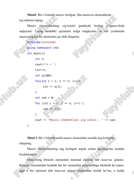 += a[i][k] * b[k][j]; } } // ko'paytma matritsani chiqarish: cout << "matritsalar ko'paytmasi:" << endl; for (int i = 0; i < row1; i++) { for (int j = 0; j < col2; j++) cout << c[i][j] << " "; cout << endl; } } topshiriqlar. 1-topshiriq: 1. bir o`lchamli sonli massivni o`rtacha qiymatidan kichik elementlarini o`rtacha qiymati hisoblansin. 2. bir o`lchamli sonli massiv [a,b] qismidagi elementlari massivni eng kichik elementiga bo`lib chiqilsin 3. bir o`lchamli sonli massiv k – elementidan l – elementigacha bo`lgan elementlarining o`rtacha qiymatidan hisoblansin 4. bir o`lchamli sonli massivni min elementi massivni oxirgi elementi bilan o`rin almashtirilsin 5. bir o`lchamli sonli massiv [a,b] kismda yotmaydigan elementlarining o`rtacha qiymatidan hisoblansin 6. bir o`lchamli sonli massiv elementlarini kvadratlarini yig‘indisi hisoblansin? 7. bir o`lchamli sonli massivni barcha elementlari massivni eng kata elementiga bo`lib chiqilsin 8. bir o`lchamli sonli massivni barcha elementlari massivni eng kichik elementiga bo`lib chiqilsin …