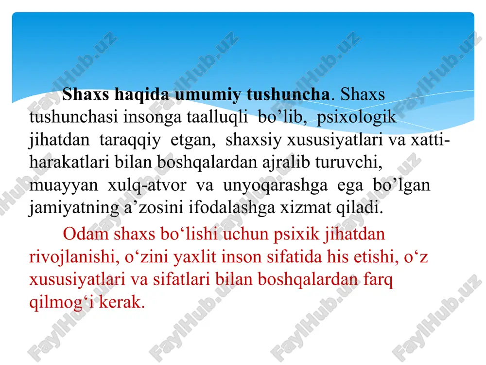 im rol o’ynaydi. 11 shaxsga ijtimoiy muhitning ta’siri ham muhim. bu tarbiya tizimi orqali amalga oshiriladi. ya’ni birinchidan, tarbiya ta’sirida muhit bera olmagan bilim, ma’lumot egallanadi, mehnat va tehnik faoliyat bilan bog‘liq ko‘nikma va malakalar hosil bo‘ladi. ikkinchidan, tarbiya tufayli tug‘ma kamchiliklar ham o‘zgartirilib, shaxs kamolga etadi. uchinchidan, tarbiya yordamida muhitning salbiy ta’sirini ham yo‘qotish mumkin. to‘rtinchidan, tarbiya kelajakka qaratilgan maqsadni belgilaydi. shaxs rivojlanishida faoliyatning o‘rni. shaxs rivojlanishida irsiyat, muhit, tarbiya bilan bir qatorda inson faoliyati ham muhim ahamiyat kasb etadi. bu degani inson qanchalik mehnat qilsa, uning rivojlanishi shunchalik yuqori bo‘ladi. faoliyat o‘zi nima? faoliyat shaxs tomonidan tabiiy va ijtimoiy hayotni maqsadga muvofiq tashkil etiluvchi kundalik, ijtimoiy yoki kasbiy harakatlarning muayyan shakli, ko‘rinishi. insonning qobiliyati va yoshi u tomonidan tashkil etilayotgan faoliyat mohiyatiga ko‘ra belgilanadi. o‘smir va o‘spirinlar faoliyatining asosiy turlariga o‘yin, o‘qish va mehnat kiradi. ular yo‘nalishiga ko‘ra bilishga doir, ijtimoiy, sport, badiiy, tehnik, hunarmandchilik hamda shaxsiy qiziqishga …