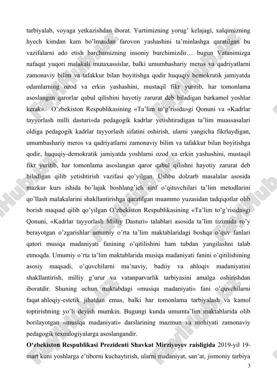 o yuzasidan tadqiqotlar olib borish maqsad qilib qo’yilgan o’zbekiston respublikasining «ta’lim to’g’risida»gi qonuni, «kadrlar tayyorlash miiliy dasturi» talablari asosida ta’lim tizimida ro’y berayotgan o’zgarishlar umumiy o’rta ta’lim maktablaridagi boshqa o’quv fanlari qatori musiqa madaniyati fanining o’qitilishini ham tubdan yangilashni talab etmoqda. umumiy o’rta ta’lim maktablarida musiqa madaniyati fanini o’qitilishining asosiy maqsadi, o’quvchilarni ma’naviy, badiiy va ahloqiv madaniyatini shakllantirish, milliy g’urur va vatanparvarlik tarbiyasini amalga oshirishdan iboratdir. shuning uchun maktabdagi «musiqa madaniyati» fani o’quvchilarni faqat ahloqiy-estetik jihatdan emas, balki har tomonlama tarbiyalash va kamol toptirishning yo’li deyish mumkin. bugungi kunda umumta’lim maktablarida olib borilayotgan «musiqa madaniyati» darslarining mazmun va mohiyati zamonaviy pedagogik texnalogiyalarga asoslangandir. oʻzbekiston respublikasi prezidenti shavkat mirziyoyev raisligida 2019-yil 19-mart kuni yoshlarga eʼtiborni kuchaytirish, ularni madaniyat, sanʼat, jismoniy tarbiya va sportga keng jalb etish, ularga axborot texnologiyalaridan foydalanish koʻnikmalarini singdirish, yoshlar oʻrtasida kitobxonlikni targʻib qilish, xotin-qizlar bandligini oshirish masalalariga bagʻishlangan videoselektor yigʻilishi oʻtkazildi. mamlakatimiz aholisining 30 foizini 14 yoshdan …
