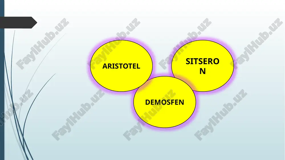2.nutq matnini mantiqan va mazmunan to‘g‘ri rejalashtirish. 3.matnni to‘liq eslab qolish. 4.matnni so‘z yordamida to‘g‘ri aks ettirish. 5.nutq matnidagi so‘zlami to‘g‘ri talaffuz qilish. notiqlik san’atining buyuk namoyandasi mark tulliy sitseron ham ushbu beshta qoidaga alohida e’tibor beradi va o‘z asarlarida aristotel qarashlarini yanada rivojlantiradi: “notiqning barcha kuch va qobiliyatlari ushbu besh vazifani bajarishga xizmat qiladi; -birinchidan, u o‘z nutqi uchun mazmun topishi zarur; -ikkinchidan, topilgan ma’lumotlami tartib bilan joylashtirishi; uchinchidan, bularning hammasini so‘z bilan o‘rashi va bezashi, kerak; to‘rtinchidan, nutqni xotirada mustahkamlab qo‘yish; beshinchidan, uni munosib ravishda va xush keladigan qilib so‘zlashdir”,-deydi sitseron o‘zining “notiqlik haqida” deb nomlangan asarida mark tulliy sitseron jahon madaniyati tarixida o‘chmas iz qoldirgan buyuk siymolardan biridir. u miloddan avvalgi 106 yilda rimdan uzoq bo’lmagan arpina shahrida badavlat oilada dunyoga keladi. sitseronning onasi gelviya xonim bo‘lg‘usi mashhur notiqning yoshligidayoq vafot etgan edi. otasi mark tulliy suvoriylar toifasidan bo‘lib, ko‘p vaqtini adabiyot bilan shug‘ullanish va bolalar tarbiyasiga …