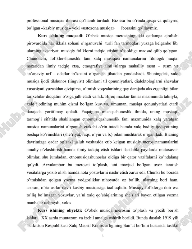 eros namunalarini amaliy o’zlashtirish hamda ilmiy tadqiq etish ishlari dastlabki paytlarda mutaxassis olimlar, shu jumladan, etnomusiqashunoslar oldiga bir qator vazifalarni ko’ndalang qo’ydi. avvalambor bu merosni to’plash, uni mavjud bo’lgan ovoz taratish vositalarga yozib olish hamda nota yozuvlarni nashr etish zarur edi. chunki bu borada o’tmishdan qolgan yozma yodgorliklar nihoyatda oz bo’lib, ularning bori ham, asosan, o’rta asrlar davri kasbiy musiqasiga taalluqlidir. musiqiy fol’klorga doir esa to’liq bo’lmagan yozuvlar, ya’ni xalq qo’shiqlarining she’rlari bayon etilgan yozma manbalar uchraydi, xolos kurs ishining obyekti: o’zbek musiqa merosini to’plash va yozib borish ishlari xx asrda muntazam va izchil amalga oshirib borildi. bunda dastlab 1919 yili turkiston respublikasi xalq maorif komissarligining san’at bo’limi huzurida tashkil etilgan badiiy – etnografik komissiyasi e’tiborli faoliyat ko’rsatdi. komissiya a’zolari – g.zafariy, v.uspenskiy, n.mironov va e.melngaylislar o’z oldilariga o’rta osiyo xalqlari musiqa ijodini atroflicha o’rganishni, uni to’plash, nashr etishni va boshqa ilmiy – ijodiy vazifalarni maqsad qilib qo’ydilar. xususan, v.a.uspenskiy …