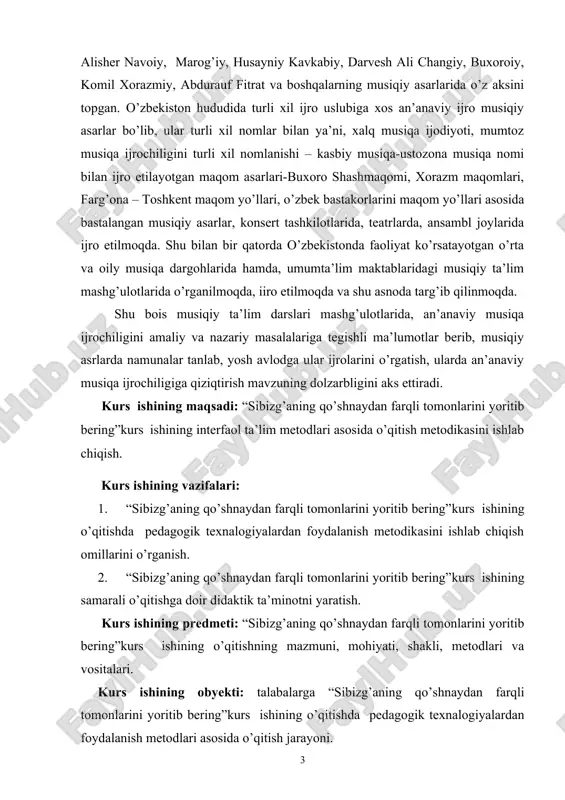 giga qiziqtirish mavzuning dolzarbligini aks ettiradi. kurs ishining maqsadi: “sibizg’aning qo’shnaydan farqli tomonlarini yoritib bering”kurs ishining interfaol ta’lim metodlari asosida o’qitish metodikasini ishlab chiqish. kurs ishining vazifalari: 1. “sibizg’aning qo’shnaydan farqli tomonlarini yoritib bering”kurs ishining o’qitishda pedagogik texnalogiyalardan foydalanish metodikasini ishlab chiqish omillarini o’rganish. 2. “sibizg’aning qo’shnaydan farqli tomonlarini yoritib bering”kurs ishining samarali o’qitishga doir didaktik ta’minotni yaratish. kurs ishining predmeti: “sibizg’aning qo’shnaydan farqli tomonlarini yoritib bering”kurs ishining o’qitishning mazmuni, mohiyati, shakli, metodlari va vositalari. kurs ishining obyekti: talabalarga “sibizg’aning qo’shnaydan farqli tomonlarini yoritib bering”kurs ishining o’qitishda pedagogik texnalogiyalardan foydalanish metodlari asosida o’qitish jarayoni. kurs ishining amaliy ahamiyati. “sibizg’aning qo’shnaydan farqli tomonlarini yoritib bering”kurs ishining o’qitishda pedagogik texnalogiyalardan foydalanish metodlari asosida o’qitish jarayonida qo’yidagi natijalar qo’lga kiritildi: 1. ““sibizg’aning qo’shnaydan farqli tomonlarini yoritib bering”kurs ishining samarali o’qitish metodikasini ishlab chiqish omillarini o’rganish. 2. “sibizg’aning qo’shnaydan farqli tomonlarini yoritib bering”kurs ishining modulini samarali o’qitishga doir didaktik ta’minotni yaratish. 3. talabalarni “sibizg’aning …