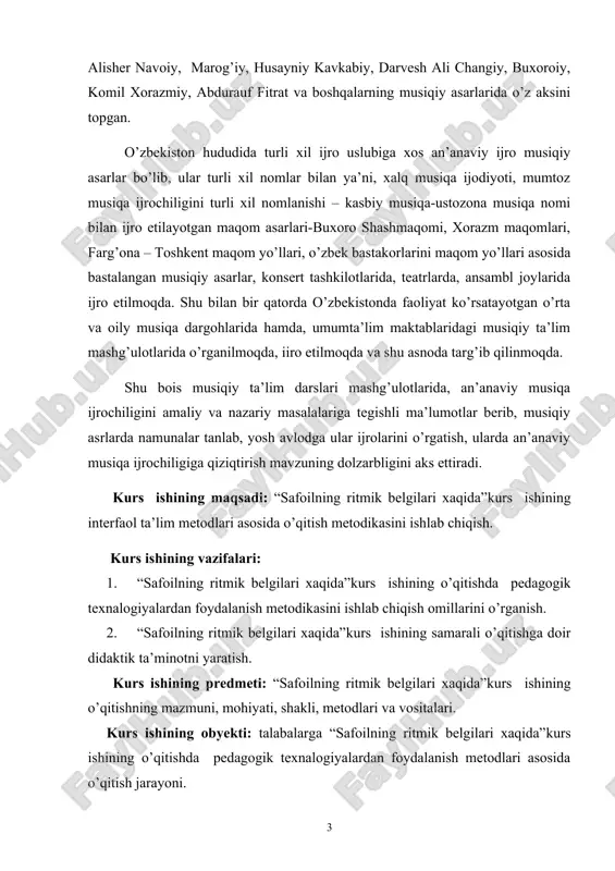 an’anaviy musiqa ijrochiligiga qiziqtirish mavzuning dolzarbligini aks ettiradi. kurs ishining maqsadi: “safoilning ritmik belgilari xaqida”kurs ishining interfaol ta’lim metodlari asosida o’qitish metodikasini ishlab chiqish. kurs ishining vazifalari: 1. “safoilning ritmik belgilari xaqida”kurs ishining o’qitishda pedagogik texnalogiyalardan foydalanish metodikasini ishlab chiqish omillarini o’rganish. 2. “safoilning ritmik belgilari xaqida”kurs ishining samarali o’qitishga doir didaktik ta’minotni yaratish. kurs ishining predmeti: “safoilning ritmik belgilari xaqida”kurs ishining o’qitishning mazmuni, mohiyati, shakli, metodlari va vositalari. kurs ishining obyekti: talabalarga “safoilning ritmik belgilari xaqida”kurs ishining o’qitishda pedagogik texnalogiyalardan foydalanish metodlari asosida o’qitish jarayoni. kurs ishining amaliy ahamiyati. “safoilning ritmik belgilari xaqida”kurs ishining o’qitishda pedagogik texnalogiyalardan foydalanish metodlari asosida o’qitish jarayonida qo’yidagi natijalar qo’lga kiritildi: 1. “safoilning ritmik belgilari xaqida” kurs ishining samarali o’qitish metodikasini ishlab chiqish omillarini o’rganish. 2. “safoilning ritmik belgilari xaqida”kurs ishining modulini samarali o’qitishga doir didaktik ta’minotni yaratish. 3. talabalarni “safoilning ritmik belgilari xaqida” kurs ishining mazmuni bilan tanishtirish. i bob. o'zbekistonda damli va …