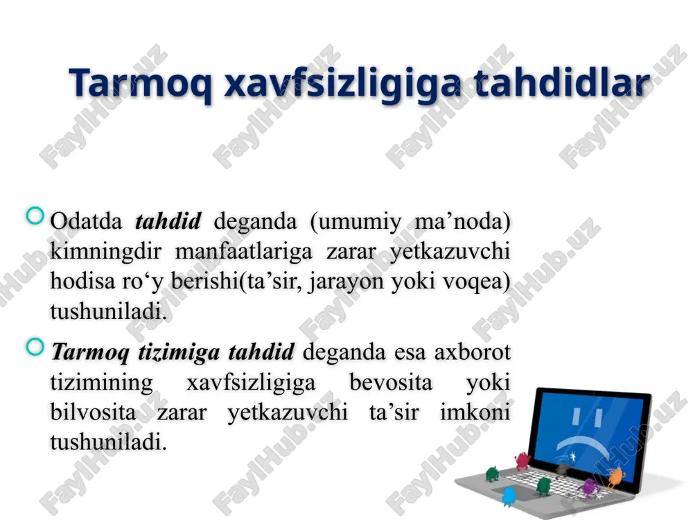 vat bo‘lmagan boshqarish trafikning ortiqcha yuklanishi zaxirali nusxalash muolajalarining yo‘qligi axborotning yo‘qolishi xabarning jo‘natilganligi yoki olinganligi xususidagi isbotning yo‘qligi javobgarlikdan bosh tortish zarar keltiruvchi koddan himoyalashda ishlatiluvchi dasturiy ta’minotning yangilanmasligi virus infeksiyasi vaziflarning taqsimlanmaganligi tizimni suiiste’mol qilish (tasodifiy yoki atayin) test va ishchi uskunaning ajratilmaganligi harakatdagi tizimni ruxsatsiz modifikasiyalash nazoratsiz nusxalash o‘g‘rilik umumfoydalanuvchi tarmoqlarga himoyalanmagan ulanishlar dasturiy ta’minotdan avtorizasiyalanmagan foydalanuvchilarning foydalanishi foydalanish nazorati (iso/iec 27002:2005, 11-bo‘lim) zaiflik tahdialar tarmoqdarda foydalanishni noto‘g‘ri cheklash tarmoqqa ruxsatsiz ulanish toza stellar va toza ekranlar siyosatining yo‘qligi axborotning yo‘qolishi yoki shikastlanishi foydalanuvchilarning autentifikatsiyasi kabi identifikasiya va autentifikatsiya mexanizmlarining yo‘qligi begona foydalanish identifikatorini o‘zlashtirish. mobil kompyuter uskuna himoyasining yo‘qligi axborotdan ruxsatsiz foydalanish ishchi stansiya aloqani uzganida tizimdan chiqaolmasligi avtorizasiyalanmagan foydalanuvchilar tomonidan dasturiy ta’minotning ishlatilishi. dasturiy ta’minotni testlashning nomuvofiq xajmda o‘tkazilishi yoki yo‘qligi avtorizasiyalanmagan foydalanuvchilar tomonidan dasturiy ta’minotning ishlatilishi. foydalanuvchilarning foydalanish xuquqlari nazoratining va tahlilining yo‘qligi tashkilotni tark etgan yoki ish joyini o‘zgartirgan foydalanuvchilar tomonidan foydalanish parollarni …