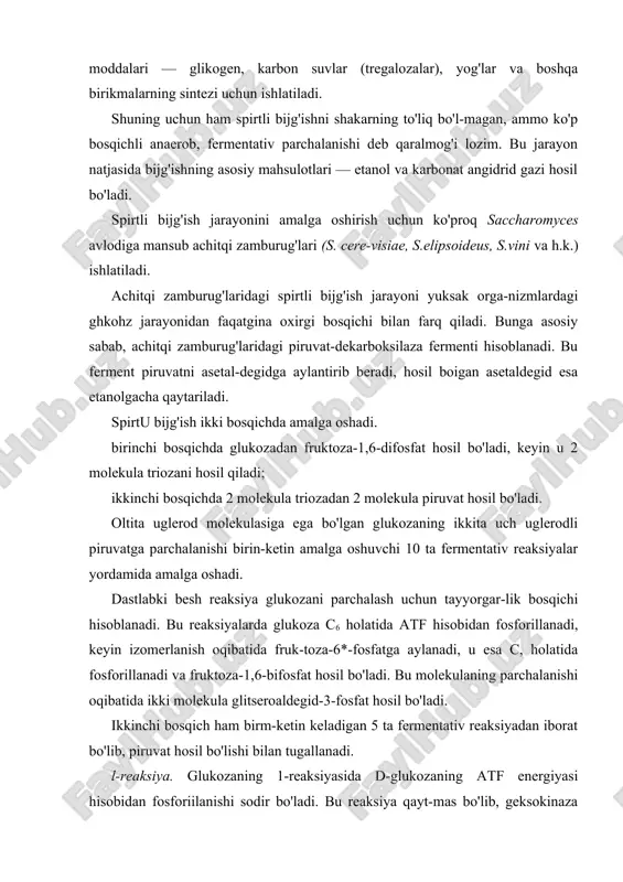 n 5 ta fermentativ reaksiyadan iborat bo'lib, piruvat hosil bo'lishi bilan tugallanadi. l-reaksiya. glukozaning 1-reaksiyasida d-glukozaning atf energiyasi hisobidan fosforiilanishi sodir bo'ladi. bu reaksiya qayt-mas bo'lib, geksokinaza fermenti yordamida amalga oshadi. geksozalar faoiligini namoyon qilishlari uchun mg+2 ioni zarur, chunki bu fermentning haqiqiy substrati bo'lib atf emas, balki atf va magniy kompleksi hisoblanadi. 2-reaksiya. glukozofosfatizomeraza fermenti ta'sirida glukoza-6-fosfat fruktoza-6-fosfatga izomerlanadi. bijg'ish jarayonida fruk-toza-6-fosfat hosil bo'lsa ham bu reaksiya qaytmas hisoblanadi. 3-reaksiya. atf hisobidan d-fruktoza-6-fosfat c, holatida fosforillanadi. bu reaksiya fosfofruktokinaza fermenti tomonidan katalizlanadi. fosfofruktokinaza allosterik ferment hisoblanib, shu tipga kiravchi boshqa fermentlar kabi uning molekulyar massasi katta (300 kda) hisoblanadi. 4-reaksiya. bu reaksiya davomida fruktoza-l,6-bifsfatning molekulasi ikkita trioza molekulasiga: glitseraldegid-3-fosfat (aldozalar) va digiroaseton-3-fosfat (ketozalar) gacha parchalanadi. 5-reaksiya. hosil bo'lgan ikki triozofosfatlardan biri glilse-raldegid-3-fosfat keyinroq o'zgarishga uchraydi. ammo gidro-oksiaseton-3-fosfat triazofosfatizomeraza fermenti ta'sirida izo-merlanib, glitseraldegid-3-fosfatga aylanadi. bu bosqichda glukoza fosforillanadi, keyin ikkiga bo'linib, ikki molekula triozani hosil qiladi va oxirida ikki molekula …