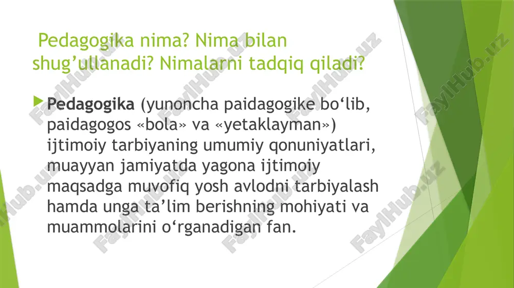 vchilarning fanlarni o‘zlashtirishlari, ularning xulq-atvori va muomalalaridagi o‘zgarishlarni hisobga olish va tegishli ta’limiy-tarbiyaviy ta’sir ko‘rsatish yo‘llarini belgilash uchun qo‘llaniladi. ilmiy kuzatishlar esa nafaqat o‘quvchilarning tabiiy faoliyatini, balki ularning ilmiy dunyoqarashlarini shakllanishi, fikrlash jarayoni kuchi, xulosalar chiqarishdagi faolliklarini aniqlaydi, ularni tahlil etadi va tegishli xulosalar chiqarishga imkoniyat tug‘diradi. bunday kuzatishlar pedagogika fani mazmuninining boyishiga sabab bo‘ladi. suhbat metodi ta’lim-tarbiya jarayonini yaxshilash yoki yaratilgan ilmiy farazlarning qanchalik to‘g‘ri ekanligini aniqlash maqsadida suhbat metodidan foydalaniladi. odatda, suhbat metodi maktab o‘qituvchilar va o‘quvchilar jamoasi bilan, ota-ona va keng jamoatchilik bilan yakka va guruhli tartibda ish olib borilganda qo‘llaniladi. bunda suhbat metodini tadbiq etishdan oldin maqsadli reja tuziladi, amalga oshirish yo‘llari belgilanadi, natijalar tahlil qilinadi va tegishli xulosa chiqariladi. shuningdek, tadqiqotchining suhbat olib borish va uni kerakli tomonga yo‘naltira olishni bilishi, suhbatdoshining ruhiy holatiga qarab suhbat ohangini moslashtira bilishi g‘oyat muhimdir. bunda: 1) suhbat uchun oldindan savol tuzish; 2) vaqti va o‘tkazish joyini belgilash; 3) …