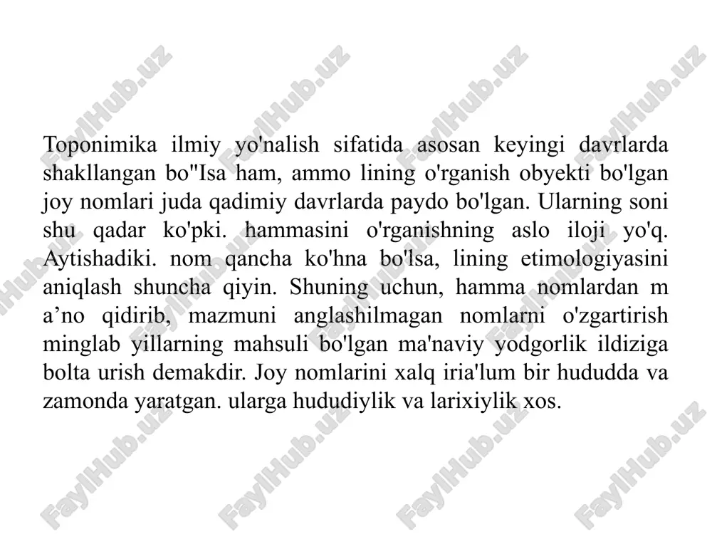 n komissiyalar va jamiyatlar tashkil etildi. masalan, g'arbiv yevropa, jumladan, fransiya, angliya. germaniya, polshada barcha toponimik ishlarni muvofiqlashtiruvchi toponimik jamiyat yoki guruhlar paydo bo'ldi. aqsh da 1890 yili geografik nomlar byurosi, 1923 uilda esa toponimik jamiyat tashkil qilindi. rossiyada ham 1847 yili rus geograilya jamiyati qoshida geografik terminologiyanini o'rganish komissiyasi tashkil etildi va u toponimikaga katta ahamiyat berdi. komissiya tarkibida qatnashgan a.dal, n.nadejdin kabi olimlar yordamida to'rt mingdan ortiq geografik terminlardan iborat lug'at tuzilgan. rus olimi n.nadejdinning toponimikaga bag'ishlangan ilmiy ishlari diqqatga sazovor. u toponimikani xalq hayoti, turmushi, dunyoqarashi bilan bog'liq ekanligi, jamiyat tarixidagi muhim voqea-hodisalar joy nomlarida aks etishiga katta e'tibor bergan. “toponimiya - yer tili, yer - insoniyat tarixi geografik nomlar bilan yozilgan kitobdir" degan ta'rif aynan unga tegishli. xix asr oxiri va xx asrning boshlaridagi o'rta osiyo toponimiyasini o'rganishda, akademik v.bartold asarlari alohida o'rin tutadi. v.bartold garchi toponimikaga bag'ishlab alohida asar yozmagan bo’lsa ham ammo, lining asarlarini …