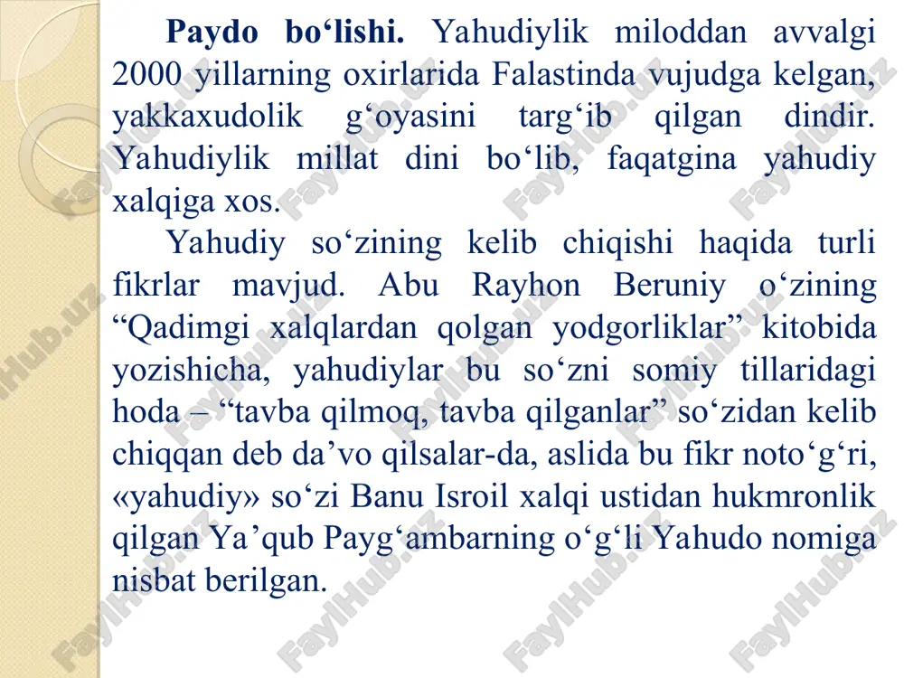 .uz xviii asrning boshlarida o‘rta osiyoda yuz bergan siyosiy jarayonlar tufayli yahudiylar eron, afg‘oniston, xiva, qo‘qon va buxoro jamoalariga bo’linib ketdi. rossiya tomonidan o‘rta osiyoning ma’lum bir qismining bosib olinishi yana yahudiylarning turkiston muxtoriyati va buxoro amirligi jamoalariga bo‘linib ketishiga olib keldi. yahudiylik millat dini bo‘lganligi uchun yahudiylar qaerda bo‘lmasin, biri- ikkinchisidan qancha uzoq bo‘lmasin, o‘qiydigan kitobi – tavrot, e’tiqod qiladigan dini yagona bo‘lib qolaverdi. www.arxiv.uz www.arxiv.uz o‘rta osiyolik yahudiylarni buxoro yahudiylari deyilsa ham, ular ko‘proq samarqandda yashaganlar. xviii asrning o‘rtalarida nodirshoh samarqandni bosib olganida uning lashkarlari orasida turklar, lazginlar, afg‘onlar, eroniylar, shuningdek, yahudiylar bo‘lganlar. ular samarqandning shoh-kash, chor-raga, novadon, qo‘shhovuz kabi guzarlarida yashab qolganlar. buxoro hukumati nodirshoh davrida yahudiylarga nisbatan yumshoq muomalada bo‘lgan. www.arxiv.uz www.arxiv.uz buxoroda ham, uning shahrisabz, kattaqo’rg’on, karmana kabi viloyatlarida ham yahudiylarni musulmonlardan ajralgan holda alohida yashashga majbur edilar. 1843 yilning bahorida mahalliy yahudiylarga samarqandning sharqiy qismidan 2,5 gektar joyni 10000 kumush tangaga sotish haqidagi shartnoma …
