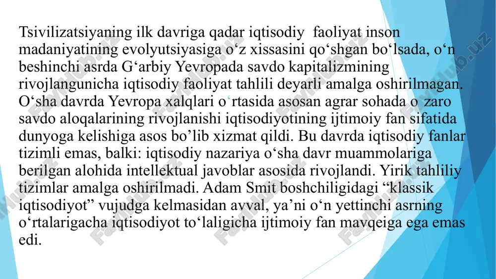 tobining muallifi zardusht (m. av. 589-512 y.) bo’lganligi qayd etiladi. u markaziy osiyo hududida faoliyat ko’rsatgan ilohiyotchi, faylasuf, shoir va tabiatshunos olim bo’lgan. «avesto» boshidan oxirigacha yer yuzida adolat qaror topishi uchun kishilarning rangidan, tilidagi va urf-odatlaridagi farqlaridan qat’i nazar ularning ro’shnoli hayoti uchun kurashuvchi jasur, halol, pok insonlarni shakllantirish va tarbiyalash g’oyasi bilan sug’orilgan. «avesto»da yer dumaloq shaklda yaratilganligi, uning atrofi okeanlar bilan o’ralganligi haqida yozilgan. unda 16 mamlakatning nomi ko’rsatilgan bo’lib, ulardan to’qqiztasi (masalan, sug’diyona, marg’iyona, nisoya, gurgon, varana va boshqalar) markaziy osiyo hududida joylashgan. «avesto»da: «... yerga yaxshi, sog’lom urug’lar sepishdan ortiq savob ish yo’q...» deyilib, xalq xo’jaligi sohasida dehqon-chilikning muhim ahamiyat kasb etishi ko’rsatib beriladi. «olam go’zalligi dehqondan, dehqonchi-likdan, kimki yerga urug’ qadabdiki, u odamiylikka iymon keltiradi, yagona shu yo’lgina haqiqat bo’lib, qolgani sarobdir», -deyiladi unda. arab-islom mutafakkirlari muqaddas kitob - qur'oni karimda kishilik jamiyatining faoliyat turlaridan biri iqtisodiyot sohasidagi munosabatlar muhim o'rin tutadi. chunki iqtisodiy …