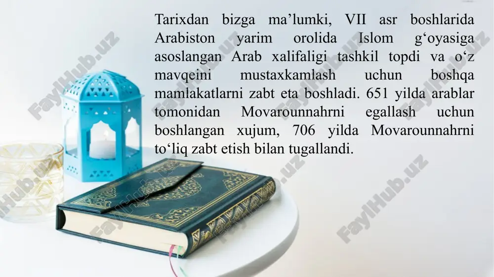 da alloh tomonidan payg‘ambarlik nozil bo‘ladi va islom dini g‘oyalarini targ‘ib qila boshlaydi. ma’lumki, islom g‘oyalari, musulmonchilikning talablari, xuquqiy va axloqiy me’yorlari qur’on kitobida belgilab qo‘yilgandir. “hadis” islom dini ta’limoti asosini tashkil etuvchi qur’oni karimdan keyingi asosiy manba sanaladi. hadislar viii-asrning 2-yarmidan tartibga solina boshlandi. viii-xii asrlarga kelib 400 dan ortiq muhaddislar hadis ilmi bilan shug‘ullanishdi. bu muhaddislar ichida yurtdoshimizlarimizdan imom al-buxoriy va imom at-termiziylar ham borligi biz uchun faxrlidir. hadis - muhammad alayxis salom xayoti, faoliyati, uning diniy axloqiy ko‘rsatmalari ya’ni sunnat amallarini o‘z ichiga olgan. hadislar dastlab yozib borilmagan. sababi muxammad alayxis salom arab bo‘lmagan kishilar hadislarni qur’oni karim oyatlari bilan adashtirib yuborishlaridan cho‘chib ruxsat bermaganlar. hadislarda yomon ishlar, yomon illatlar, yomon xatti xarakatlar “gunoh” sifatida qoralansa, inson farovonligi, jamiyat ravnaqi uchun qilingan xayirli ishlar “savob” tarzida olqishlanadi. hadislarda iymon daraxtga tenglashtiriladi va uning 60 dan ortiq shoxi bo‘lib, xar bir shoxi insonni ma’naviy qiyofasini shakllantirishga qaratilgan. hadisda …