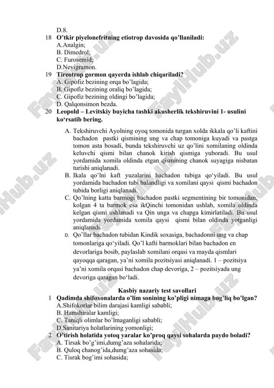 zitsiyada ung devoriga qaragan bo‘ladi. kasbiy nazariy test savollari 1 qadimda shifoxonalarda o’lim sonining ko’pligi nimaga bog’liq bo’lgan? a.shifokorlar bilim darajasi kamligi sababli; b. hamshiralar kamligi; c. taniqli olimlar bo’lmaganligi sababli; d.sanitariya holatlarining yomonligi; 2 o’tirish holatida yotoq yaralar ko’proq qaysi sohalarda paydo boladi? a. tirsak bo’g’imi,dumg’aza sohalarida; b. quloq chanog’ida,dumg’aza sohasida; c. tisrak bog’imi sohasida; d. dumg’aza sohasida. 3 defikatsiyadan so’ng bemor tagi qaysi eritma yordamida yuviladi? a.kaliy permanganatning kuchsiz eritmasi; b. furatsilin eritmasi; c. natriy xlorid eritmasi; d.natriy gidrokarbanat eritmasi. 4 mushaklar nechta turga bo’linadi? a. 2 ta; b. 3 ta; c. 5 ta; d. 6 ta. 5 qon oqishining o’rtacha chiziqli tezligi venalarda qancha? a. 40 m/s; b. 40 – 10m/s; c. 10 – 0,1 m/s; d.0,3 – 0,5 m/s. 6 yotoq yarada nekroz to'qimalarini nima qilinadi? a. malxam qo'yiladi b. furatsillinda yuviladi c. kompress qo'yiladi d. olib tashlanadi 7 qabulxona bo’limining tibbiyot hamshirasi bemorni sanitarya tozalovidan …