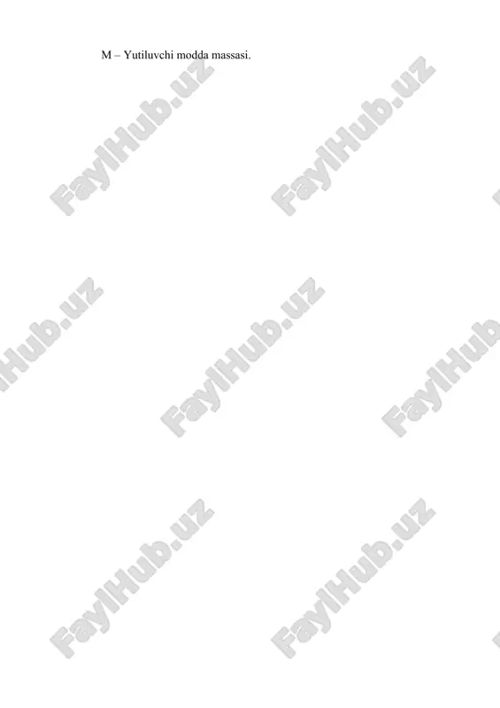 (1 rasm). 1 – muvozanat chizig’i, 2 – ish chizig’i rasm-1 kmol so2/kmol topamiz. so2 gazining yutuvchidagi oxirgi koncentraciyasi va suyuqlikni regeniraciyalash uchun yo’qotilgan energiyaning bir qismini aniqlaymiz (absorberning o’lchamini o’zgarishiga ta’sir qiladi). bu quyidagini topamiz: kmol so2/kmol. inert qismining sarfi: , (14.4) bu erda = 1,29 kg/m3 ; = 0,2 m3 so2/m3gaz –gazdagi so2 komponentning hajmiy miqdori. qo’yamiz va aniqlaymiz: yutilayotgan komponent bo’yicha absorber ish unumdorligi: , (5) qo’yamiz va aniqlaymiz: yutuvchi sarfi: , (6) qo’yamiz va aniqlaymiz: fazalar aro sarfning bog’lanishi yoki yutuvchining solishtirma sarfi: 1 modda berishda harakatlantiruvchi kuch , (7) bu erda - absorberga kirish hamda chiqishdagi katta va kichik harakatlantiruvchi kuch, kmol so2/kmol gaz (rasm-2) absorberda gazva yutuvchi oqimlarida koncentraciyalarning taqsimlanish sxemasi: rasm-2 unda , bu erda ,- gaz aralashmasidagi so2 koncentraciyasi,. bundan quyidagini olamiz: kmol so2/kmol gaz, kmol so2/kmol gaz, kmol so2/kmol gaz 3. modda o’tkazish koefficenti ku–modda o’tkazish koefficentini aniqlaymiz. fazalar qarshiliklari diffuziyasi …