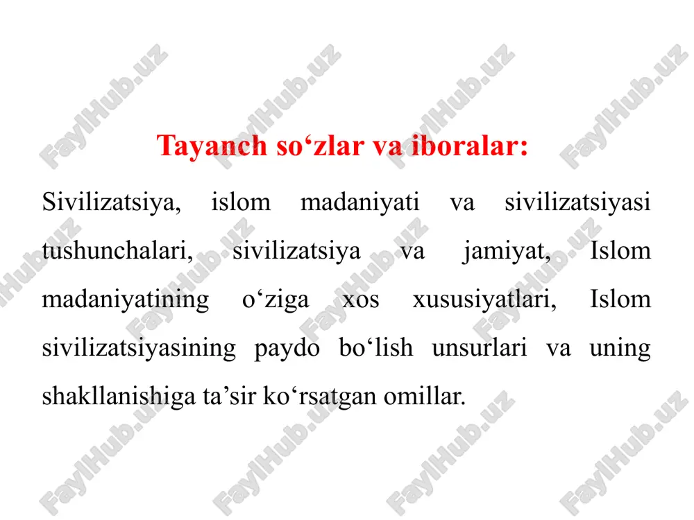 ning “dastlabki madaniyat” kitobida: “kishining jamiyat a’zosi sifatida o‘zlashtirgan bilimi, e’tiqodi, san’ati, axloq-odobi, qonun-qoidalari va boshqa bir qator qobiliyatlari hamda odatlari yig‘indisi”, deya izohlagan. soha olimlarining ta’kidlashlaricha, madaniyatning bugungi kunga kelib 400 dan ortiq ta’riflari paydo bo‘lgan. hozirda madaniyatni har bir jabhada ham qo‘llash odati keng joriy bo‘lgan. masalan, kiyinish madaniyati, ovqatlanish madaniyati, muloqot madaniyati, milliy madaniyat, diniy madaniyat, siyosiy madaniyat, iqtisodiy madaniyat va boshqalar. shu bilan birga ayrim tadqiqotchi-olimlar madaniyat va sivilizatsiyani bir ma’noda qo‘llaniladi, yana ayrimlar ikkalasini boshqa-boshqa tushunchalar deb izohlaydilar. masalan, faylasuflardan o.shpengler va a.berdyaev asarlarida sivilizatsiya – bu insoniyat borlig‘ining moddiy-texnik tomoni, madaniyat esa uning ma’naviy tomonidir, deya tushuntirganlar. “islom madaniyati” deb, asosan yer yuzida yashovchi musulmonlarga taalluqli bo‘lgan madaniyatga xos bo‘lgan ko‘rinishlar, sivilizatsiya kurtaklari va uning natijasida paydo bo‘lgan madaniy jarayonlarga aytiladi. shuningdek islom madaniyatini shariat asosi va voqe’lik orasini bog‘lovchi, uning o‘tmishi, buguni va kelajagi bilan birlashtiruvchi islom sivilizatsiyasi tarixi darslik kengqamrovli ilm bo‘lib, …