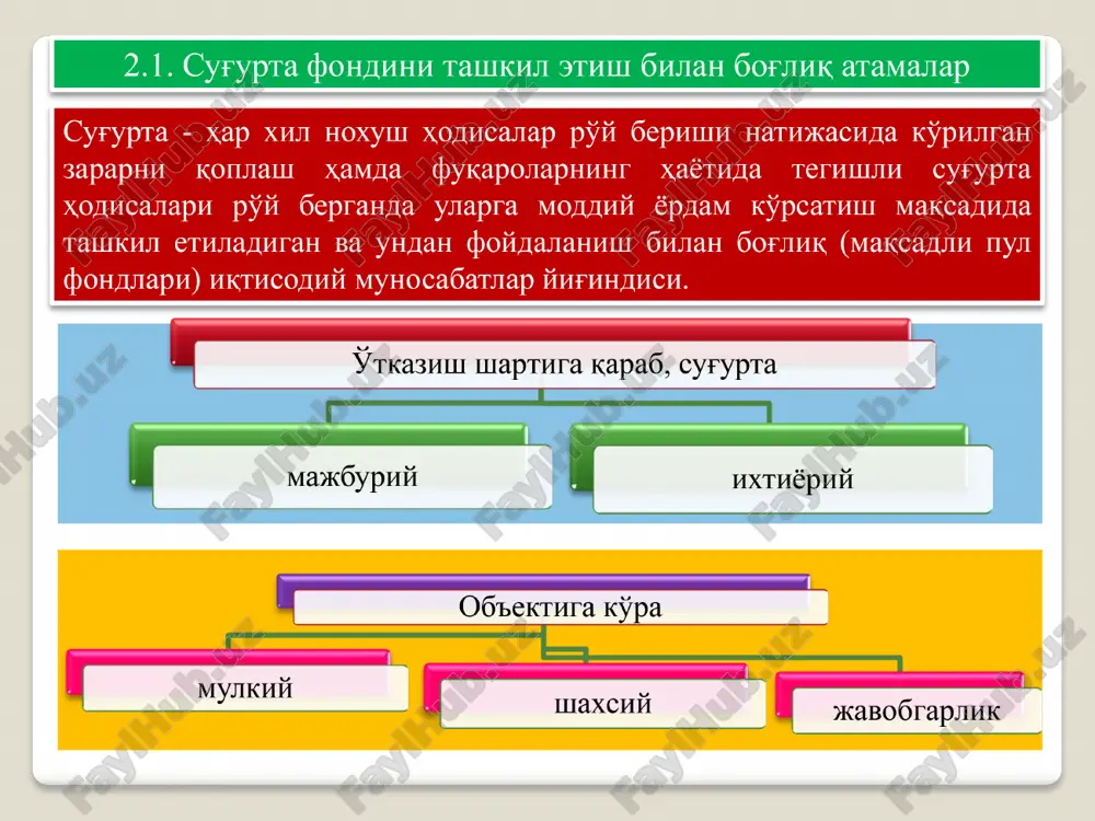 a h. qayta sug'urta brokeri o'z nomidan va qayta sug'urta shartnomasi bo'yicha sug'urta qildiruvchi sifatida ishtirok etuvchi sug'urtalovchining topshirig'iga binoan qayta sug'urta shartnomasini tuzishni hamda uning bajarilishini tashkil etishga doir faoliyatni amalga oshiruvchi yuridik shaxs qayta sug'urta brokeridir. sug'urta shartnomasi— sug'urta qildiruvchi va sug'urtalovchi o'rtasidagi kelishuv bo'lib, unga ko'ra bir taraf (sug'urtalovchi) o'z zimmasiga shartlashib olingan haq (sug'urta mukofoti) evaziga boshqa taraf (sug'urta qildiruvchi)ga sug'urta shartnomasida nazarda tutilgan noqulay hodisalar oqibatida sug'urtalangan mol-mulk, shuningdek sug'urta qildiruvchining hayoti yoki sog'lig'iga etkazilgan zararni qoplash majburiyatini oladi. sug'urta munosabatlarni tashkil etishdagi asosiy atamalar polis— tuzilgan sug'urta shartnomasini yuridik tasdiqlaydigan hujjat bo'lib, tegishincha, zarur hollarda sug'urtalovchidan zarar qoplamasini undirish uchun sudga da'vo berishda ko'rsatilishi mumkin. sug'urta polisida quydagilar aks etishi kerak: sug'urta kompaniyasining nomi, yuridik manzili,bank rekvizitlari. sug'urtanuvchining ma'lumotlari va manzili. sug'urta ob'ekti haqida ma'lumotlar. sug'urta summasining miqdori. sug'urta risklarining ko'rsatilishi. sug'urta mukofotining miqdori. sug'urta shartnimasining amal qilish muddati. sug'urta munosabatlarni tashkil etishdagi asosiy …