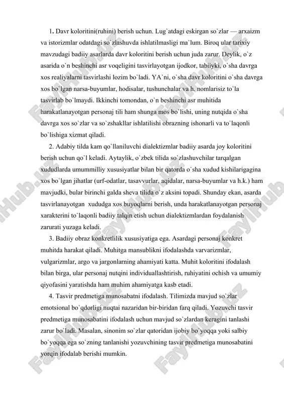 ega. asardagi personaj konkret muhitda harakat qiladi. muhitga mansublikni ifodalashda varvarizmlar, vulgarizmlar, argo va jargonlarning ahamiyati katta. muhit koloritini ifodalash bilan birga, ular personaj nutqini individuallashtirish, ruhiyatini ochish va umumiy qiyofasini yaratishda ham muhim ahamiyatga kasb etadi. 4. tasvir predmetiga munosabatni ifodalash. tilimizda mavjud so`zlar emotsional bo`qdorligi nuqtai nazaridan bir-biridan farq qiladi. yozuvchi tasvir predmetiga munosabatini ifodalash uchun mavjud so`zlardan keragini tanlashi zarur bo`ladi. masalan, sinonim so`zlar qatoridan ijobiy bo`yoqqa yoki salbiy bo`yoqqa ega so`zning tanlanishi yozuvchining tasvir predmetiga munosabatini yorqin ifodalab berishi mumkin. semantik satxdagi og`ishlar. ma`lumki, nutq jarayonida biz so`zlarni o`z ma`nosida yoki ko`chma ma`noda qo`llashimiz mumkin. so`zning odatiy ma`nosidan o`zga ma`noda qo`llanishi semantik satxdagi og`ish sanaladi. ko`chma ma`noda qo`llangan so`zlarning umumiy nomi trop (ko`chim) deb yuritiladi. so`z ma`nosi ko`chishining, tropning metafora, metonimiya, sinekdoxa, kinoya singari bir qator ko`rinishlari mavjud. badiiy asarda qo`llanilgan ko`chimlar ishlatilish darajasi, badiiy bo`yoqdorligi, ta`sirdorlik darajasi kabi jihatlaridan bir-biridan jiddiy farqlanadi: a) ko`chimlarning bir …