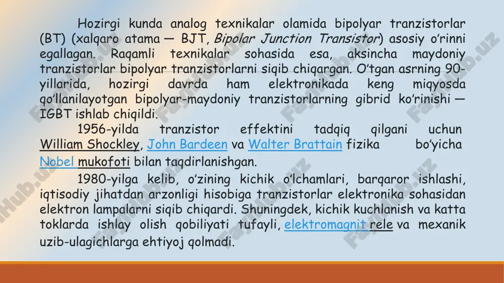 o‘tish bilan boshqariladigan maydoniy tranzistor. tranzistorlarning asosiy ko‘rsatgichlaridan biri tok kuchaytirish koeffitsienti bo‘lib, quyidagicha ifodalanadi: bipolyar tranzistorlar bipolyar tranzistor deb o‘zaro ta’sirlashuvchi ikkita p-n o‘tish va uchta elektrod (tashqi chiqishlar)ga ega bo‘lgan yarim o‘tkazgich asbobga aytiladi. tranzistordan tok oqib o‘tishi ikki turdagi zaryad tashuvchilar - elektron va kovaklarning harakatiga asoslangan. bipolyar tranzistor p-n-p va n-p-n o‘tkazuvchanlikka ega bo‘lgan uchta yarim o‘tkazgichdan tashkil topgan (6 a va b-rasm). endilikda keng tarqalgan n-p-n tuzilmali bipolyar tranzistorni ko‘rib chiqamiz. tranzistorning kuchli legirlangan chekka sohasi (n+ - soha) emitter deb ataladi va u zaryad tashuvchilarni baza deb ataluvchi o‘rta sohaga (r - soha) injeksiyalaydi. keyingi chekka soha (n - soha) kollektor deb ataladi. u emiitterga nisbatan kuchsizroq legirlangan bo‘lib, zaryad tashuvchilarni baza sohasidan ekstraksiyalash uchun xizmat qiladi . emitter va baza oralig‘idagi o‘tish emitter o‘tish, kollektor va baza oralig‘idagi o‘tish esa -kollektor o‘tish deb ataladi agar emitter o‘tish teskari yo‘nalishda, kollektor o‘tish esa to‘g‘ri …