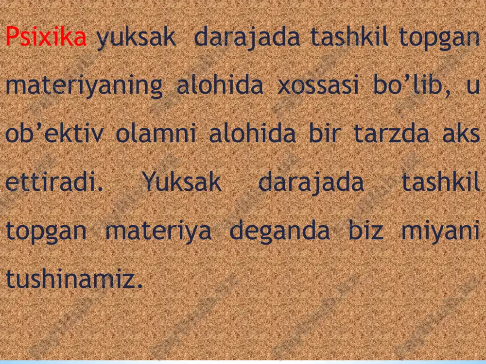 ksalishi va ongli faoliyatni shaqllantirishning eng muhim sharti bo’lib hisoblanadi. tabiatga ta’sir ko’rsatgan va uni o’zgartirgan holda odam shu bilan bir qatorda o’zining shaxsiy mohiyatini ham o’zgartiradi. odam tabiat mahsulini o’z hayoti uchun yaroqli shaklda o’zlashtirib olish uchun o’z tanasidagi tabiiy kuchlarni: qo’l va oyoqlarini, bosh va barmoqlarini harakatga keltiradi. shu harakat vositasida tashqi tabiatga ta’sir qilib va uni o’zgartirib odam, shu bilan birga, o’z tabiatini ham o’zgartiradi. instinktlar hayvoning tabiiy ehtiyojlarini qondirish uchun qiladigan murakkab tug'ma harakatlaridir * hayvonlarning instinktlari turli xil ko'rinishda namoyon bo'ladi * inson va hayvon psixikasidagi farq: til va tafakkur qurol yasash va asrash inson o'zidan keyingi avlodlarga ijtimoiy tajribani qoldiradi hissiyot * instinktlar hayvonlarning tabiiy ehtiyojlarini qondirish uchun qilinadigan murakkab tug’ma harakatlardir. masalan: qushlarning in yasashda cho’p, loy tanlashi, o’rgimchaklarning to’qish san’ati. asalari o’z kataklarida go’yo puxta hisob qilib turganday, anik reja bilan quradi. bundan tashqari asalarilarda bir-biriga xabar berish qobiliyati mavjud. instinktlar bir …
