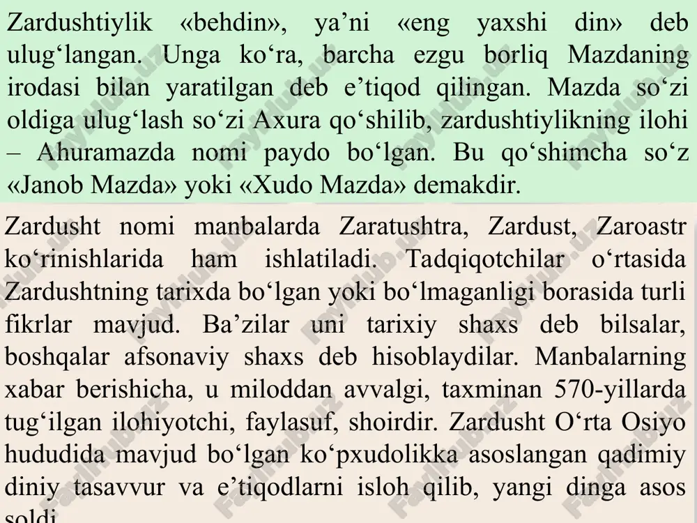 davrdagi ijtimoiy-iqtisodiy hayoti, diniy qarashlari, olam to‘g‘risidagi tasavvurlari, urfodatlari, ma’naviy madaniyatini o‘rganishda muhim va yagona manbadir. uning tarkibidagi materiallar qariyb ikki ming yil davomida vujudga kelib, avloddan avlodga og‘zaki ravishda uzatilib kelingan. zardusht va’zlari matnlarning hammasi miloddan avvalgi iii asrda 21 ta kitobga jamlangan, bu kitoblar «avesto» asosini tashkil etgan edi. «avesto» matnlariga sharh esa «zand» deb yuritiladi. zardushtning so’ngi va’zlari din xizmatchilari - kohinlar tomonidan yozib olingan. zardushtiylik kohinlari diniy matnlarni yod olib, dindorlarga o‘qib berishgan. zardushtiylik dini rasmiy tus olguniga qadar «avesto»ning bo‘laklari turon va eron zamini xalqlari orasida tarqalgan. ushbu ahuramazdaning zardusht orqali yuborilgan ilohiy xabarlari deb hisoblangan bo‘laklar turli diniy duolar, madhiyalar sifatida yig‘ila boshlagan. olimlarning izlanishlari tufayli bugungi kunda biz dushtiylarning muqaddas kitobi «avesto» matnlari bilan tanishish imkoniyatiga ega bo‘ldik. bu qadimiy yozma manba bizgacha to‘liq yetib kelmagan. «avesto» haqida buyuk olim abu rayhon beruniy shunday yozadi: «yilnoma kitoblarida bunday deyilgan: podshoh doro ibn doro …