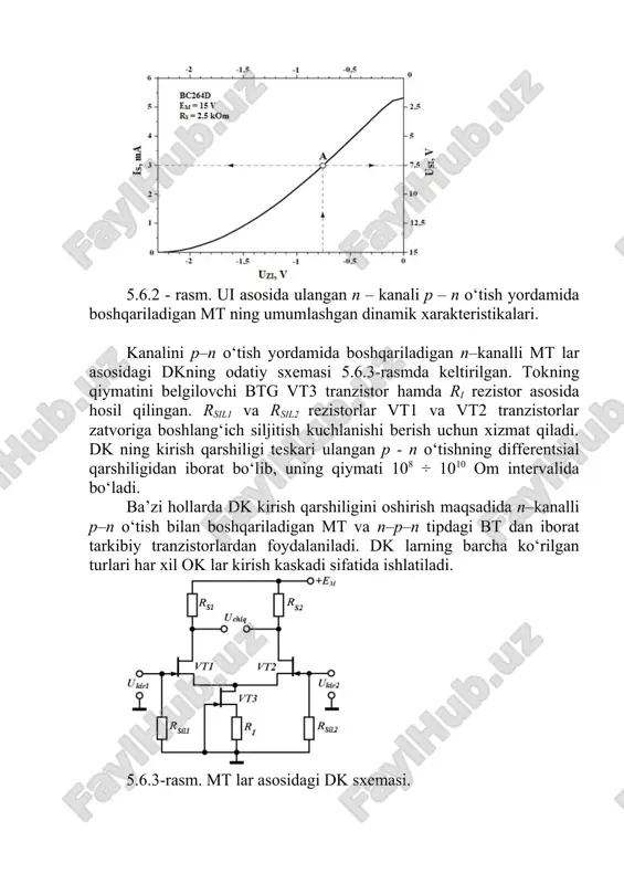 agi dkning odatiy sxemasi 5.6.3-rasmda keltirilgan. tokning qiymatini belgilovchi btg vt3 tranzistor hamda ri rezistor asosida hosil qilingan. rsil1 va rsil2 rezistorlar vt1 va vt2 tranzistorlar zatvoriga boshlang‘ich siljitish kuchlanishi berish uchun xizmat qiladi. dk ning kirish qarshiligi teskari ulangan p - n o‘tishning differentsial qarshiligidan iborat bo‘lib, uning qiymati 108 ÷ 1010 om intervalida bo‘ladi. ba’zi hollarda dk kirish qarshiligini oshirish maqsadida n–kanalli p–n o‘tish bilan boshqariladigan mt va n–p–n tipdagi bt dan iborat tarkibiy tranzistorlardan foydalaniladi. dk larning barcha ko‘rilgan turlari har xil ok lar kirish kaskadi sifatida ishlatiladi. 5.6.3-rasm. mt lar asosidagi dk sxemasi. ryu, kom 0,1 0,2 0,3 0,4 0,5 0,6 0,7 0,8 0,9 1 1,1 1,2 1,3 1,4 1,5 uyu, v iyu, ma ig δ nazorat savollari 1. maydoniy tranzistor (mt) deb qanday asbobga aytiladi? 2. mt ning ish tamoilini tushuntirib bering. 3. mtning qanday turlari bor? 4. mt asosiy ish rejimlarini keltiring. 5. elektron …