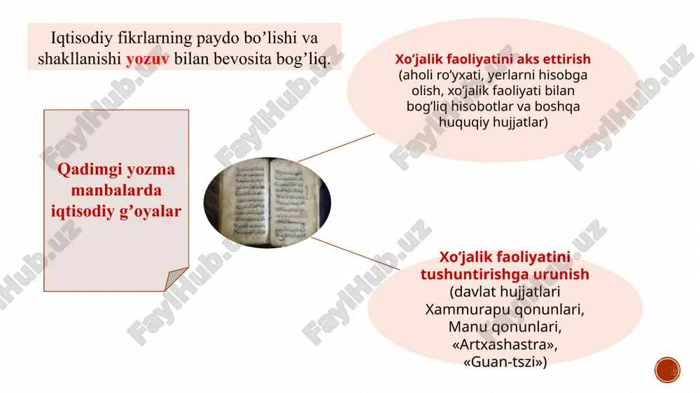 ovuzlik va qorongʼilik (anxra manu) kuchlari oʼrtasidagi kurash; - inson xoʼjalik faoliyatining tabiiy muhitga bogʼliqligi, insonga tanlash huquqining berilganligi, u yaxshilik yoki yomonlik tomonini olishi va shunga mos harakat qilishi kerakligi; - moddiy boyliklarni koʼpaytirish yorugʼ dunyodagi yaxshi ishlarning asosiysi ekanligi. shu sababli «avesto»da natural-xoʼjalik faoliyati keng targʼib etilgan va amaliy maslahatlar berilgan. yoshlarning qariyalarga hurmati, ularga qarshi chiqmaslik gʼoyasi; davlat katta oila, podsho esa «xalqlar otasi» dir, boyliklar tekis taqsimlanishi, soliqlarni meʼyorida saqlash, yer ishlarini yaxshi bajarish, hamma oʼz vazifalarini bajonidil ato etishi zarur; aristokratiya va xalq oʼrtasida vujudga kelgan quldorlik va xususiy mulk himoya qilinadi; konfutsiy «buyuk jamoa mulki» (dehqonlar jamoasi) va xususiy egalik (quldorlar mulki)ni farqlaydi, soʼnggisini koʼproq qoʼllaydi; boylikning manbai mehnat boʼlib, hokimlar boyligi xalq boyligiga asoslanadi. qadimgi xitoydagi iqtisodiy gʼoyalar (m.a. vi-iii asrlar) konfutsiylik gʼoyasi kun-tszi (m.a. 551-478 yy.) «lun yuy» («suhbatlar va mulohazalar») toʼplami. olim kelajak rivojini oʼtmishdan izlaydi. syun-tszi (m.av. 313-278) konfutsiy gʼoyalari …