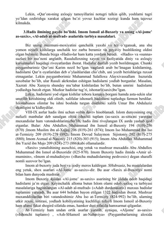 b ochadi. talabalar maktabdor domlalar maktabida xusnixat, ogzaki hisobni ham urganar, asta-sekin fors-tojik tilida va turkiy tilidagi kitoblarni, kulyozmalarni ham ukitilar, urganilar edi. xusnixat va arifmetik bilan yana xususiy muallimda shugullanar edilar. movarounnaxrda arab bo’lmagan bolalar «xaftiyak»viii asrda tuzilgan bo’lib, «qur’on»suralardan yettidan biri tanlab olingan darslik sifatida urganilgan. x-xii asrda islom dini rukunlari dars tojik tilida she’r va nasr bilan bayon qilingan. «chorkitob» uqitila boshlandi. xii asrdan boshlab axmad yassaviy, undan sung xvii asrdan sufi olloyorlarning turkiy tilda yozilgan she’r va boshqa asarlari vositasida islom dini rukunlari turkiy tilda urganila boshlandi.maktablarda fakat ugil bolalar ukir, qizlar esaotinoylar uyida ukitilar, ular yozuvni emas, fakat o’qishni urganar edilar. x asr boshlarida madrasalar ham paydo bula boshlaydi.»madrasa» so’zi «dars ukitiladigan joy», “ma’ruza tinglaydigan joy» ma’nosini anglatadi. ma’lumki, madrasalarda musulmon diniy okimlari arab tili gramatikasi va qoidachilik, iloxiyot, mantik, notiqlik maxorati, kalom, urgatilgan. asta-sekin madrasalarda asrtanomiya, matematika, geografiya, kimyo dunyoviy fanlar ukitila boshlandi. madrasalarda …