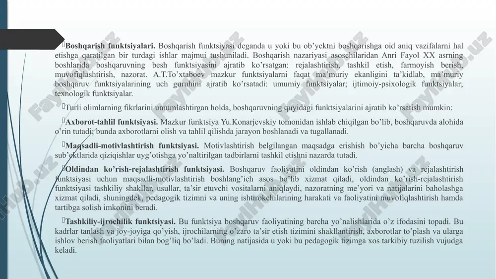 alarini baholashga xizmat qiladi, shuningdek, pedagogik tizimni va uning ishtirokchilarining harakati va faoliyatini muvofiqlashtirish hamda tartibga solish imkonini beradi. tashkiliy-ijrochilik funktsiyasi. bu funktsiya boshqaruv faoliyatining barcha yo’nalishlarida o’z ifodasini topadi. bu kadrlar tanlash va joy-joyiga qo’yish, ijrochilarning o’zaro ta’sir etish tizimini shakllantirish, axborotlar to’plash va ularga ishlov berish faoliyatlari bilan bog’liq bo’ladi. buning natijasida u yoki bu pedagogik tizimga xos tarkibiy tuzilish vujudga keladi. nazorat-tashxis funktsiyasi. nazorat – bu boshqaruv jarayonining faol bosqichlaridan biri bo’lib, u boshqaruvning barcha funktsiyalari bilan bog’liq bo’ladi. umumiy holda nazorat rejalashtirilgan natija bilan haqiqiy erishilgan natijalarni o’zaro solishtirish jarayoni bo’lib, u faoliyatning muvaffaqiyatini aniqlashga imkoniyat yaratadi. tartibga solish – muvofiqlashtirish funktsiyasi pedagogik tizimning holatini zaruriy, belgilangan darajada ushlab turish, uni yangi sifat darajasiga ko’tarish va pedagogik jarayonda yo’l qo’yilayotgan xatoliklarni tuzatish hamda pedagogik jarayon ishtirokchilarining xatti-harakatlarini tartibga solish uchun xizmat qiladi. mazkur funktsiyalarni amalga oshirishda boshqaruv metodlari muhim ahamiyat kasb etib, ular boshqaruv jarayonida xodimlar …