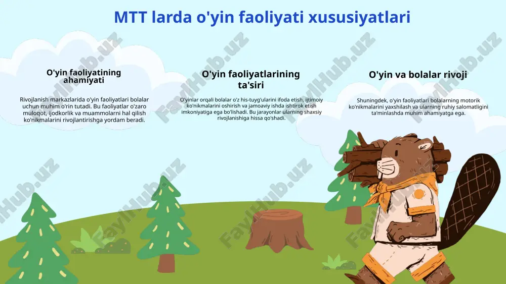 izayni o'yin hududlari dizayni bolalar uchun xavfsiz va qiziqarli muhit yaratishga qaratilgan. yaxshi ishlab chiqilgan o'yin maydonchalari bolalarning harakatini rivojlantirish, ijtimoiy ko'nikmalarini oshirish va ijodkorliklarini qo'llab-quvvatlash uchun muhimdir. o'yin hududlarini yaratishda, joylashuv, materiallar va o'yin uskunalari tanlovi alohida ahamiyatga ega. xavfsizlik talablari o'yin hududlari xavfsizligini ta'minlash uchun bir nechta asosiy talablar mavjud: 1. yumshoq tuproq yoki gazon bilan qoplangan maydonlar. 2. o'yin uskunalarining muntazam ravishda tekshirilishi va parvarish qilinishi. 3. o'yin maydonlari atrofidagi to'siqlar va xavfsizlik belgilari. 4. bolalar uchun mo'ljallangan yosh toifalarini hisobga olgan holda uskunalar tanlovi. ijtimoiy va psixologik foydalar o'yin hududlari bolalar uchun ijtimoiy va psixologik rivojlanishda muhim ahamiyatga ega. ular bolalarga do'stlar bilan muloqot qilish, jamoaviy ishlarni o'rganish va stressdan qochish imkoniyatini beradi. o'yin orqali bolalar o'zlarini erkin ifoda etishadi va o'zlarini yanada ishonchli his qilishadi. 01 02 03 bolalar o'yin joylarining rivoji bolalar o'yin joylari ularning rivojlanishida muhim ahamiyatga ega. o'yin joylari bolalarning jismoniy, ruhiy …