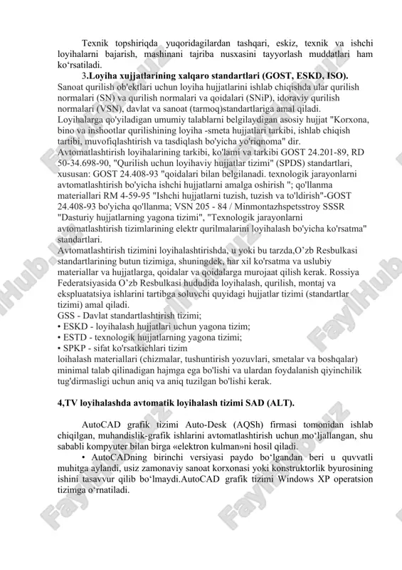 tun ishi davomida iqtisodiy effektivligini oshirishga harakat qilish kerak. 2c texnik topshiriq. texnologik mashinalarlarni loyihalashda texnik talablarga mashinaning vazifasi, parametrlari, bajarila-digan ishlar tavsifi va uni bajarish sifati; mashina ishlatiladigan xudud, zona; ishga tayyorlik koeffitsienti; mashinaning boshqariluvchanligi, xizmat muddati va umumiy texnik tavsifi kiradi. ekspulatatsion talablarga; ishlov beriladigan ekin, tuproq tavsifi, ish sharoitlari, ishni bajarish qulayligi, ish vaqtidan foydalanish koeffitsienti, xizmat ko‘rsatuvchi xodimlar soni kiradi. iqtisodiy talablarga mashinaning puxta ishlashi, unumdorligi, yonilg‘i sarfi, ishlov berilgan mahsulotni nobud bo‘lish darajasi kiradi. ishlab chiqarish talablariga mashinaning vazni, uni ishlab chiqarish kulami, tayyorlashdagi mehnat sarfi, uni tannarxi kiradi. texnik topshiriqda quyidagilar ko‘rsatiladi: 1) yangi mashina bilan almashtiriladigan eski mashinani tipi; 2) yangi mashinani qanday maqsadda yangilanayot-ganligi, qanday ishlar va zonalarda kullanishi, yaqin kelajak 10 yil ichida talab etiladigan soni, mashinaning avtomat qurilmalari bilan jihozlanganligi, yuritma turi, ixcham va shinamligi, boshqarishga qulayligi. 3) podshipniklar, moylash usullari, materiallar, yig‘ish shartlari va xavfsizlik texnikasi. 4) ekspluatatsion afzalliklari …