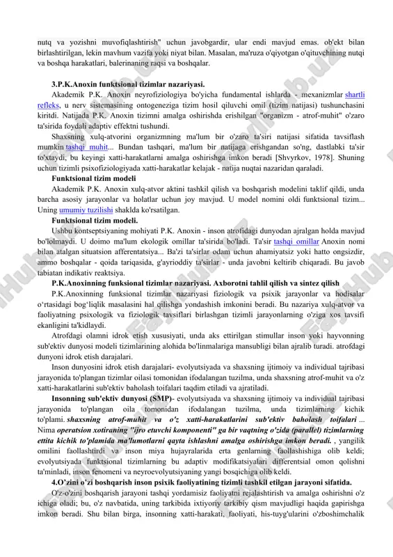 li, ob'ektiv) bo'lsa, "harakatni qurish darajasi" shunchalik yuqori bo'ladi va asab tizimining yuqori darajalari bu vazifani hal qilishda va tegishli harakatlarni amalga oshirishda ishtirok etadi. n.a.bernshteyn qurilish harakatlarining beshta asosiy darajasini ajratib ko'rsatib, ularni lotin harflarida l, i, c, d, e. filogenetik jihatdan eng qadimgi - a darajasi. ushbu darajadagi harakatlarni qurish uchun mas'ul bo'lgan anatomik "substratlar" nomidan keyin "paleokinetik boshqarish" darajasi yoki rubrospinal deb ataladi: "qizil yadro" buning "eng yuqori" tartibga soluvchi misoli sifatida ishlaydi. boshqa subkortikal tuzilmalar ham bog'liq bo'lgan harakat konstruktsiyasi darajasi. ushbu tuzilmalar tizimi mushaklardan proprioseptiv ma'lumotni olish va tahlil qilishni, ma'lum bir holatda ushlab turishni, ba'zi tez ritmik tebranish harakatlarini (masalan, skripkachilar orasida vibrato), shuningdek, bir qator majburiy harakatlarni (sovuqdan titroq, titroq) ta'minlaydi. , qo'rquvdan tishlarni tishlash). daraja lekin odam deyarli hech qachon qurilish harakatlarining etakchi darajasiga ega emas. ikkinchi - b darajasi- shuningdek, "sinergiya va shtamplar" darajasi yoki talamo-pallidar darajasi deb ham ataladi, chunki …
