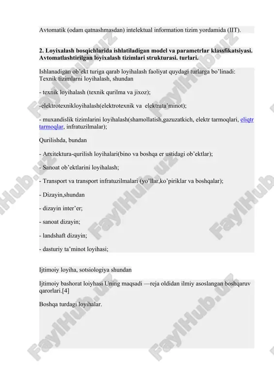 ixalash tizimlari strukturasi. turlari. ishlanadigan ob’ekt turiga qarab loyihalash faoliyat quydagi turlarga bo’linadi: texnik tizimlarni loyihalash, shundan - texnik loyihalash (texnik qurilma va jixoz); -elektrotexnikloyihalash(elektrotexnik va elektrata’minot); - muxandislik tizimlarini loyihalash(shamollatish,gazuzatkich, elektr tarmoqlari, eliqtr tarmoqlar, infratuzilmalar); qurilishda, bundan - arxitektura-qurilish loyihalari(bino va boshqa er ustidagi ob’ektlar); - sanoat ob’ektlarini loyihalash; - transport va transport infratuzilmalari (yo’llar,ko’piriklar va boshqalar); - dizayin,shundan - dizayin inter’er; - sanoat dizayin; - landshaft dizayin; - dasturiy ta’minot loyihasi; ijtimoiy loyiha, sotsiologiya shundan ijtimoiy bashorat loiyhasi uning maqsadi —reja oldidan ilmiy asoslangan boshqaruv qarorlari.[4] boshqa turdagi loyihalar. tizimli va optimal loyihalashlar. optimal loyihalar loyihalash, maqsadi bu nafaqat samarali funktsiyalar echimini izlashgina bo’lmay, balki turli insonlarni extiyojini qondirish , asoslangan oxirgi qabul qilingan holatni optimal loyihalash deb yuritiladi. bu 20 asrni ikkinchi yarmidan qabul qilingan nazariy tadqiqot operatsiya echimlari hisobiga va xisoblash texnikasini keng qo’llash, mahsus uslublar bilan bir qancha holatda va murakkab matematik masalalarni echish orqali …