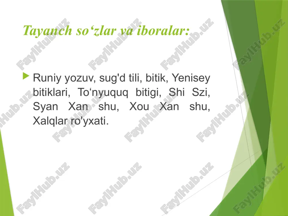 ratamiz. “syan xan shu” 1962-yili pekinda 12 jildda nashr qilingan. inglizcha tarjimasi (g.dubs, baltimor, 1938-1944) ham bor. xou xan shu (“keyingi xan sulolasi tarixi”) “xou xan shu” (“keyingi xan sulolasi tarixi”) tarixchi fan ye (398-445) asari. olim avvalgi kichik davlat lavozimida turgan va 424-yili viloyat hokimligiga ko‘tarilgan. davlatga qarshi isyonda qatnashganlikda ayblanib qatl etilgan. “xou xan shu” xitoyning avvalgi xan sulolasi davridagi tarixni o‘z ichiga olgan katta asar (130 bobdan iborat). unda o‘zbekiston, sharqiy turkiston va jung‘oriyaning 25 - 221-yillar orasidagi tarixi haqida diqqatga sazovor ma’lumotlar bor. vey shu (shimoliy sulolalar tarixi) “vey shu” (“shimoliy sulolalar tarixi”) 100 bobli asar bo‘lib, tan sulolasi (618-907) davrida yashagan yirik tarixchi li vey-shou (taxm. 506 – 572) qalamiga mansub. unda shimoliy xitoyda vey (386 – 535), sharqiy vey (534 – 550) sulolalari hukmronligi tarixi bayon etilgan. asarda o‘zbekiston, xususan xorazm hamda sharqiy turkiston haqida qimmatli ma’lumotlami uchratamiz. “vey shu”ning matni 1958-yiii shanxayda chop …