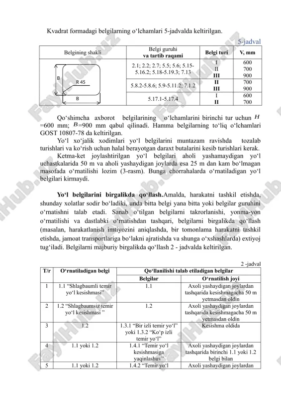 kesishmasiga yaqinlashuv” axoli yashaydigan joylardan tashqarida birinchi 1.1 yoki 1.2 belgi bilan 5 1.1 yoki 1.2 1.4.2 “temir yo‘l kesishmasiga yaqinlashuv” axoli yashaydigan joylardan tashqarida birinchi va takrorlanuvchi 1.1 yoki 1.2 belgilar o‘rtasida 6 1.1 yoki 1.2 1.4.3 “temir yo‘l kesishmasiga yaqinlashuv” axoli yashaydigan joylardan tashqarida takrorlanuvchi 1.1 yoki 1.2 belgi bilan 7 1.7 “aylanma harakatlanish bilan kesishuv” 4.3 “aylanma harakatlanish” chorraxa oldida 8 1.9 “ko‘tarma ko‘prik” 1.9 axoli yashaydigan joylardan tashqarida xavfli xududgacha 50 m yetmasdan 9 1.10 “sohilga chiqish” 1.10 axoli yashaydigan joylardan tashqarida xavfli xududgacha 50 m yetmasdan 10 1.19 “ ikki tomonlama harakatlanish” 5.6 “bir tomonlama harakatlanish yo‘lining oxiri” bir tomonlama harakatli yo‘lning oxirida 11 1.19 “ ikki tomonlama harakatlanish” 3.1 “kirish taqiqlangan” bir tomonlama harakatli yo‘lning oxirida, lekin qarama-qarshi harakatlanish uchun 12 1.20 “piyodalar o‘tish joyi” 5.16.1 yoki 5.16.2 “piyodalar o‘tish joyi” piyodalar o‘tish joyida 13 1.21 “bolalar” 1.21 “bolalar” 7.2.1 “taʼsir oralig‘i” tablichka bilan …