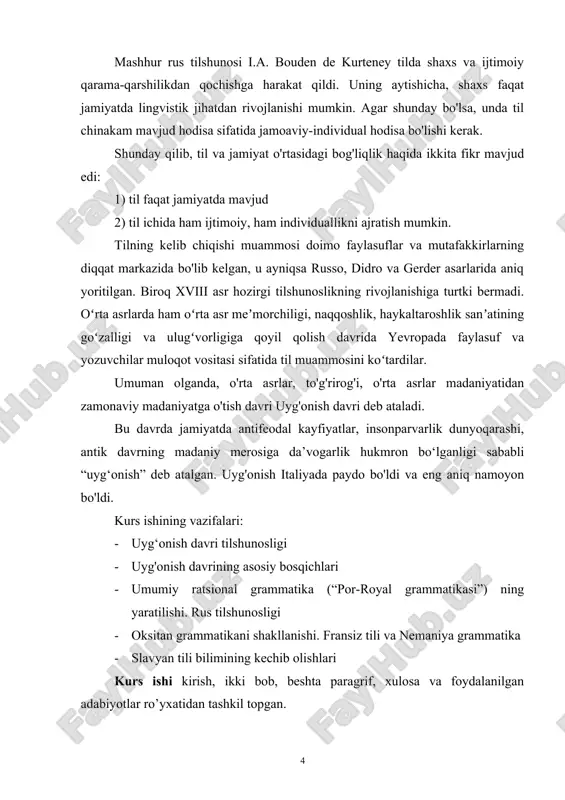 ntik davrning madaniy merosiga da’vogarlik hukmron bo‘lganligi sababli “uyg‘onish” deb atalgan. uyg'onish italiyada paydo bo'ldi va eng aniq namoyon bo'ldi. kurs ishining vazifalari: · uyg‘onish davri tilshunosligi · uyg'onish davrining asosiy bosqichlari · umumiy ratsional grammatika (“por-royal grammatikasi”) ning yaratilishi. rus tilshunosligi · oksitan grammatikani shakllanishi. fransiz tili va nemaniya grammatika · slavyan tili bilimining kechib olishlari kurs ishi kirish, ikki bob, beshta paragrif, xulosa va foydalanilgan adabiyotlar ro’yxatidan tashkil topgan. i bob umumiy ratsional grammatikaning yaratilishi 1.1 uyg‘onish davri tilshunosligi tilshunoslik alohida, mustaqil fan sifatida xix asrning birinchi choragida (1816-yilda) fanlar olamiga kirib keldi. tilshunoslik fani shu kungi taraqqiyot bosqichiga yetib kelguncha uzoq tarixiy taraqqiyot davrini, “o‘sish” davrini bosib o‘tdi. u turli maktablar, oqimlar, ta’limotlar ta’sirida bo‘ldi, olimlar tomonidan lisoniy hodisalar haqida aytilgan fikrlar qarama-qarshiligiga, til hodisalari haqida yaratilgan juda ko‘plab manbalarga “guvoh bo‘ldi” shakllandi. tilshunoslik fanining qadimgi eng muhim manbalari, ta’limotlari, maktablari ilk bor qadimgi hindiston, yunoniston, rim …